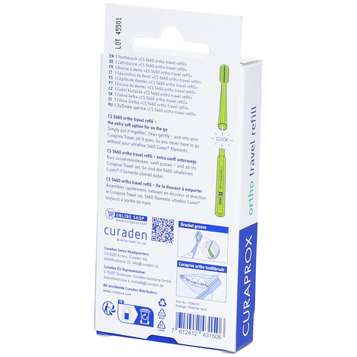 Achterkant van de verpakking. Tekst en illustraties. "CURAPROX" en "ortho travel refill" zijn zichtbaar.
