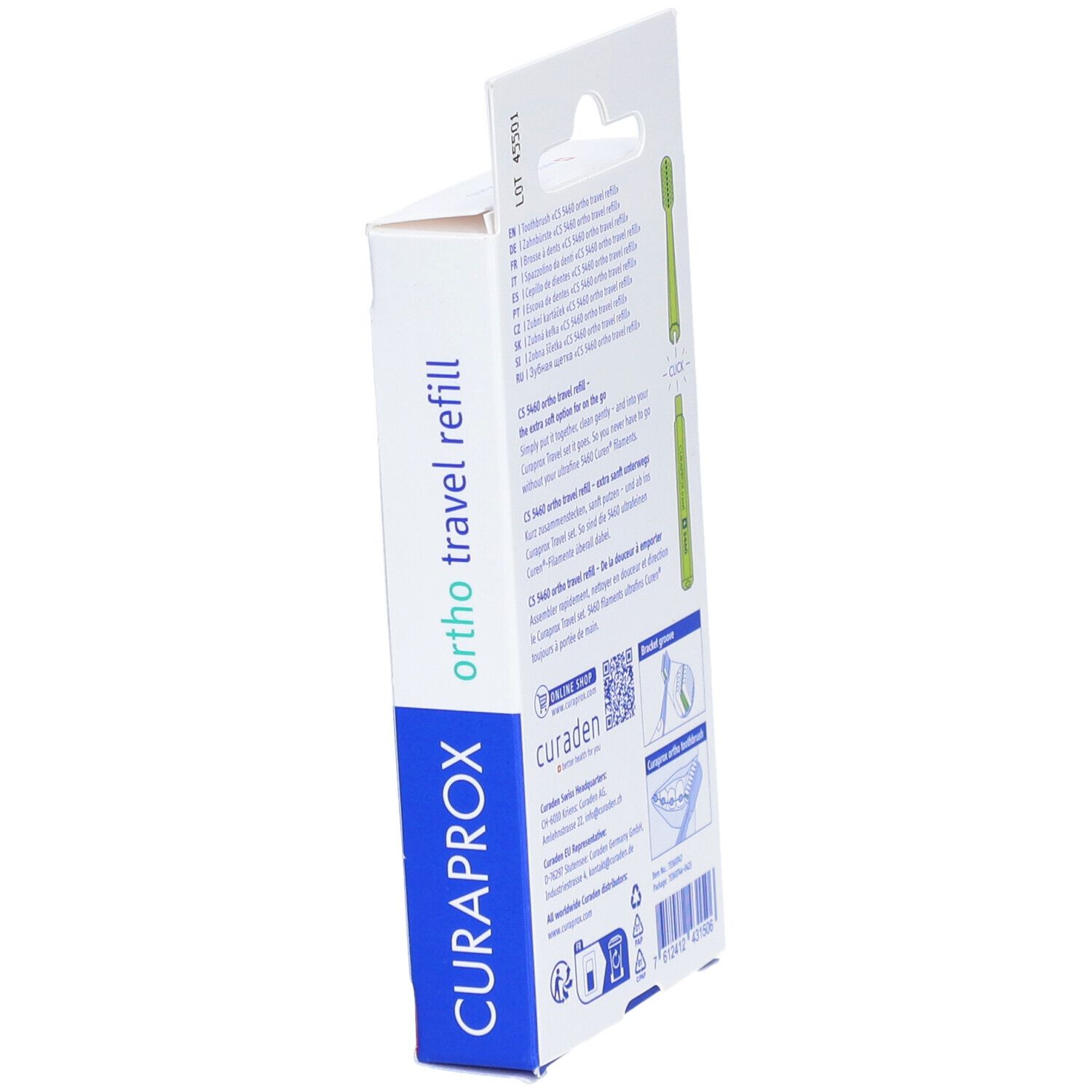 Zijaanzicht van de verpakking. Tekst en illustraties. "CURAPROX" en "ortho travel refill" zijn zichtbaar.
