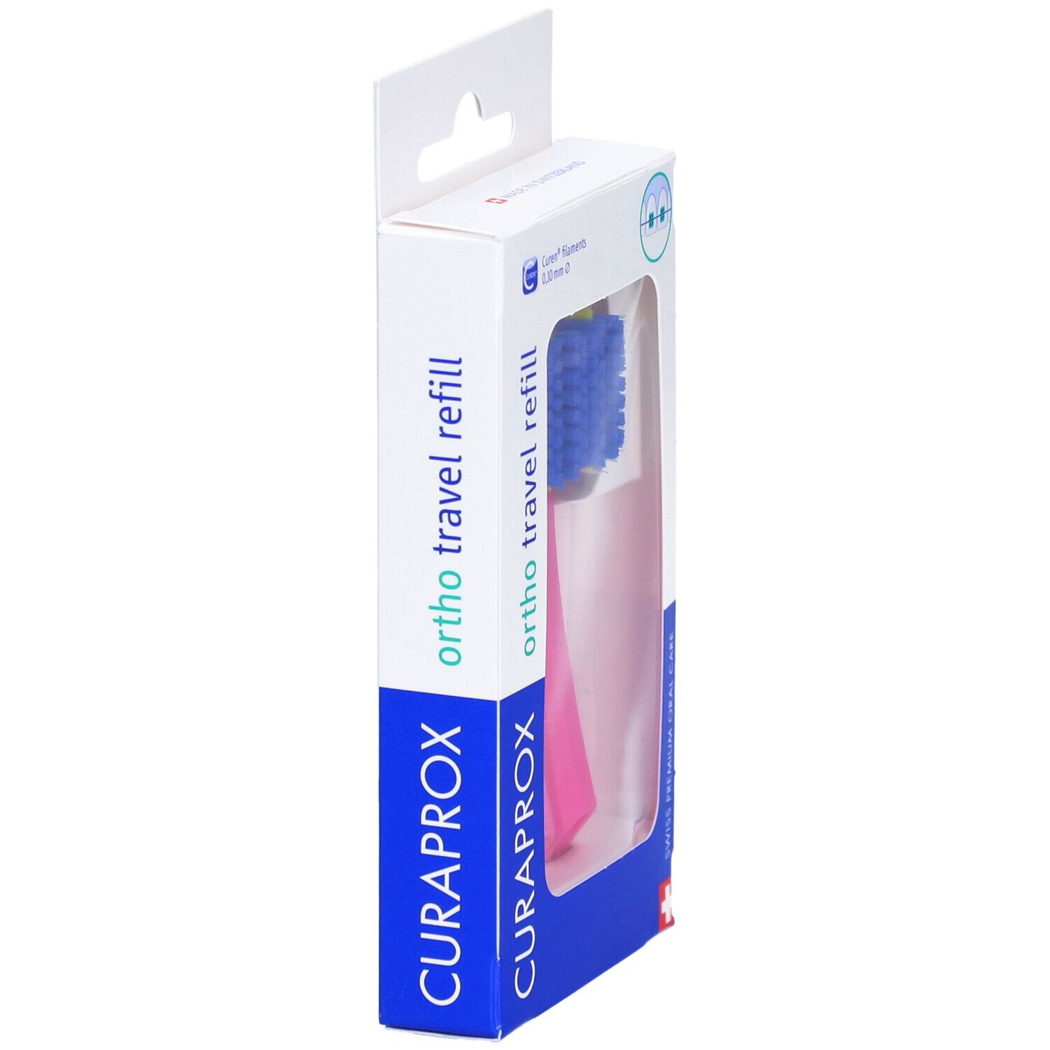 Tête de brosse à dents dans un emballage. Manche rose, soies bleues. Emballage avec nom et logo du produit.