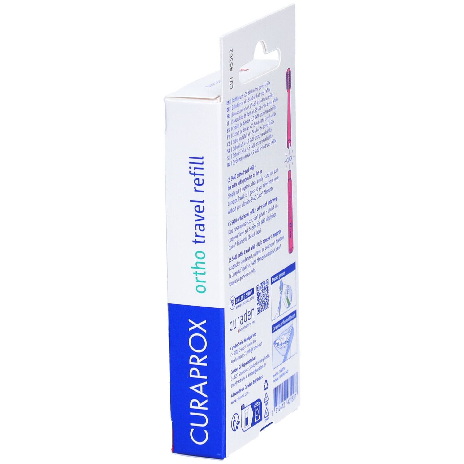 Emballage avec nom et logo du produit. Texte multilingue. Illustrations des têtes de brosse à dents.