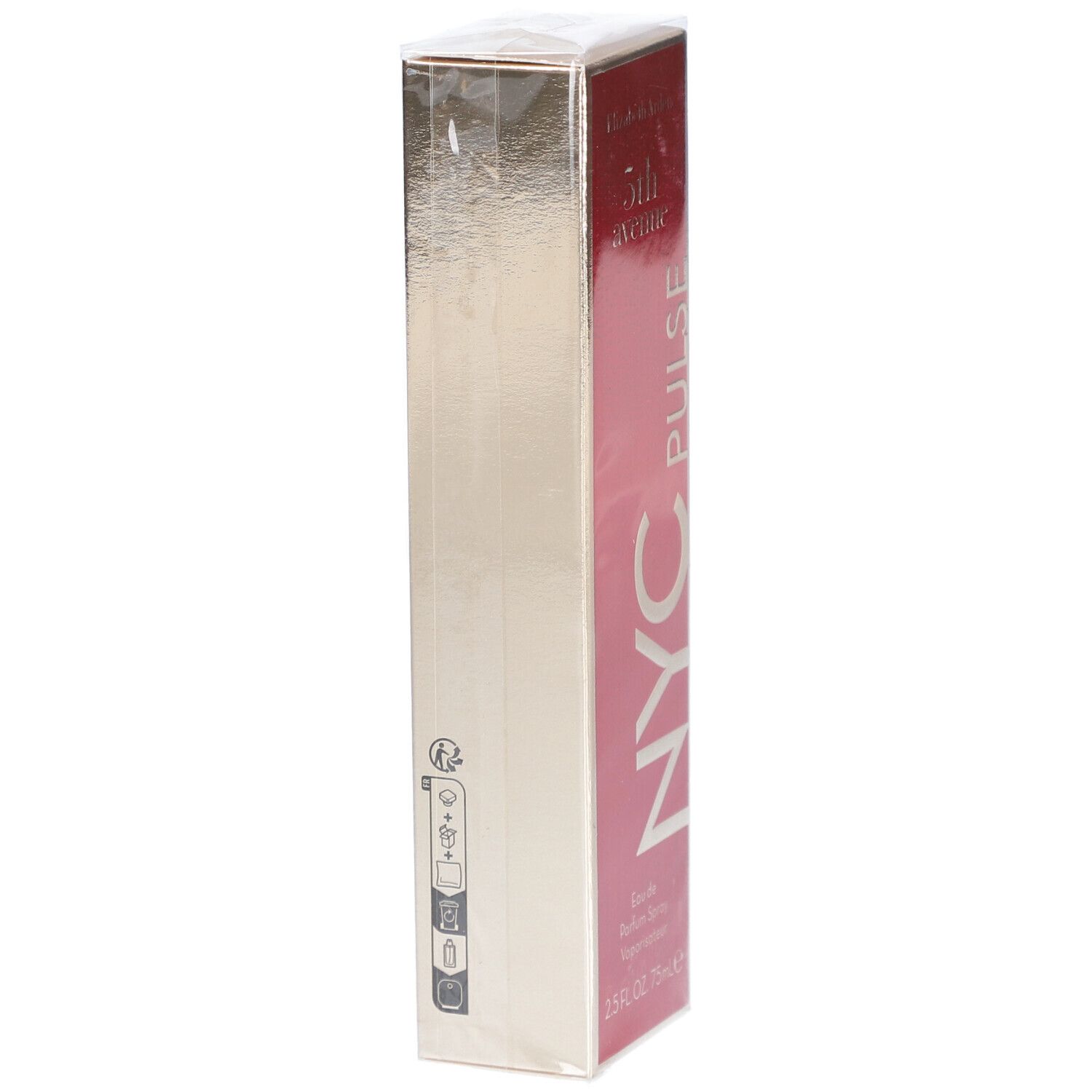 Elizabeth Arden 5th Avenue NYC Pulse Eau de Parfum. Emballage argenté avec côté rouge. Texte: NYC PULSE, Eau de Parfum Spray.