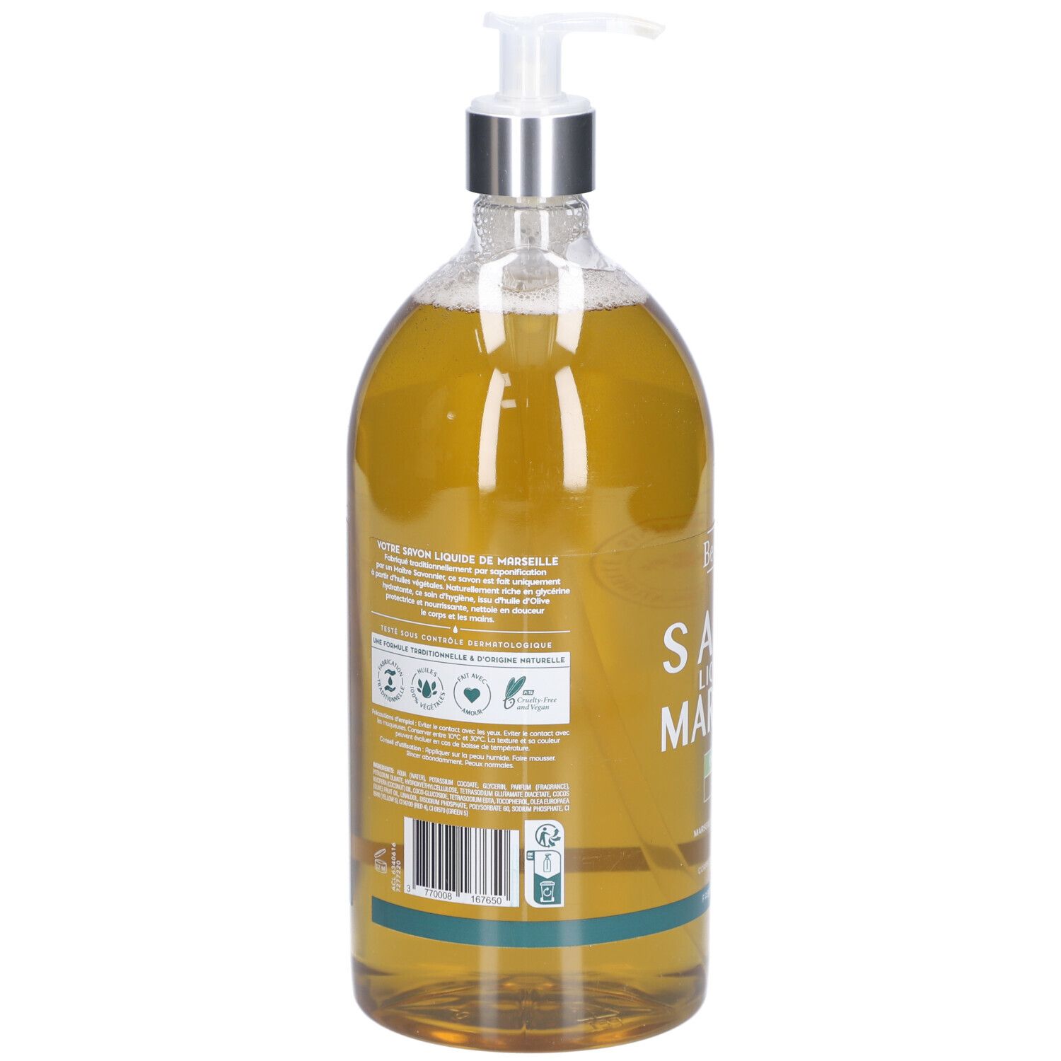 Achterkant van de vloeibare zeepfles. Tekst en logo's. Bevat informatie over ingrediënten en certificeringen.