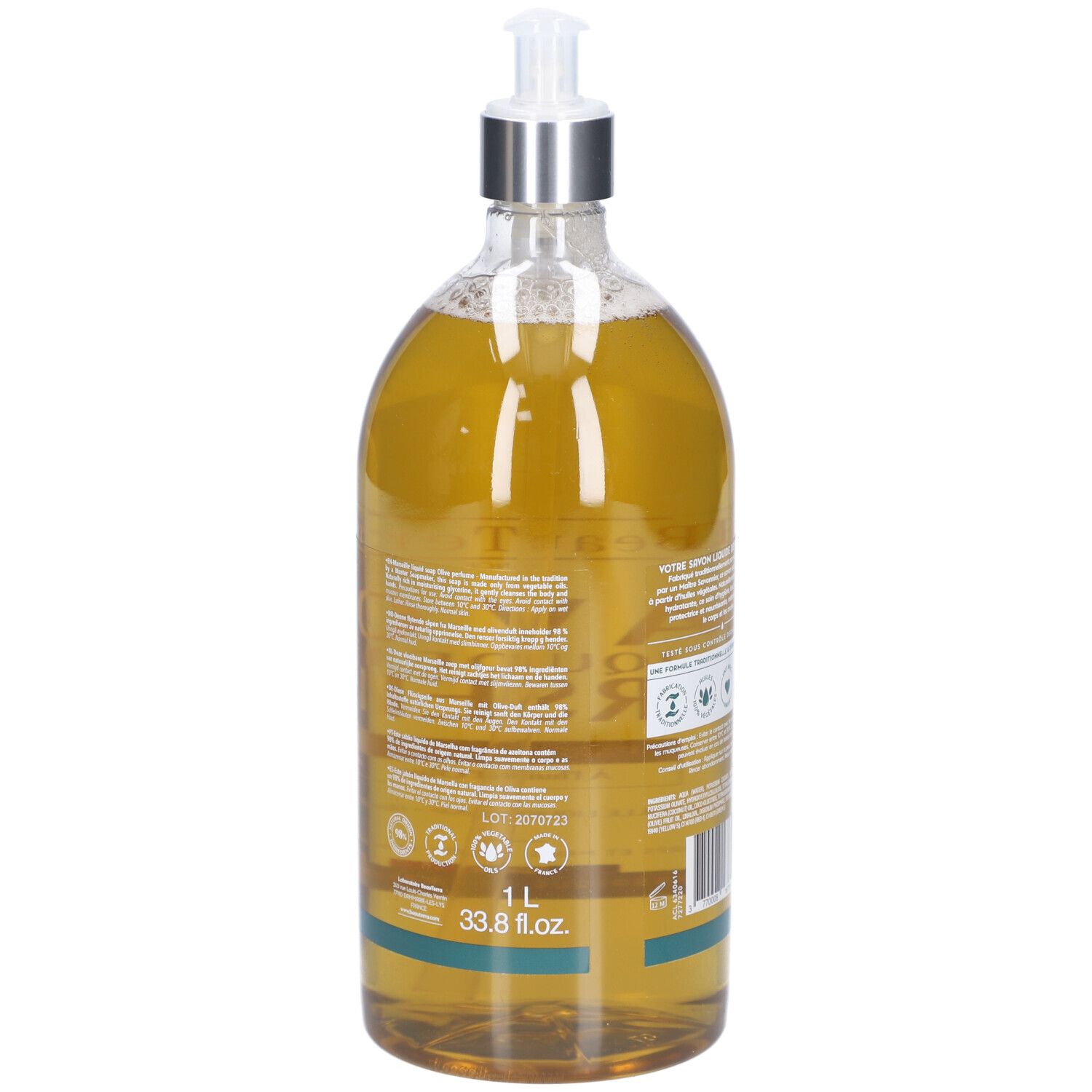 Achterkant van de vloeibare zeepfles. Tekst en logo's. Volume-aanduiding: 1 L, 33.8 fl.oz.