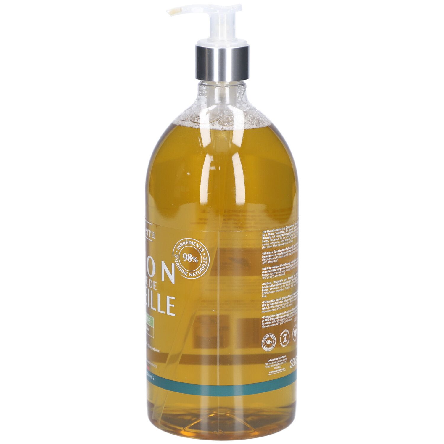 Achterkant van de vloeibare zeepfles. Tekst en logo's. 98% ingrediënten van natuurlijke oorsprong.