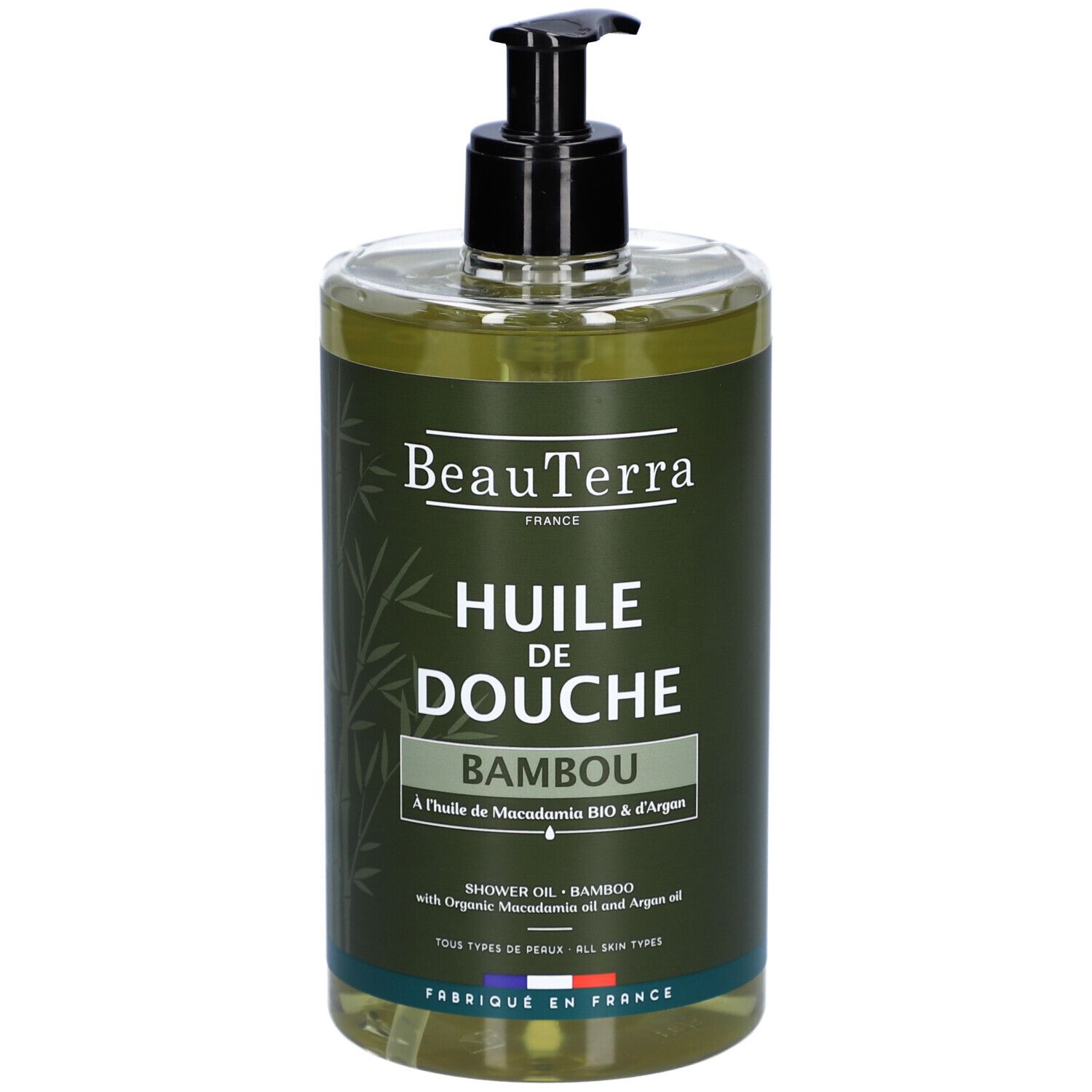 Fles met zwarte pomp. Opschrift: BeauTerra, Huile de Douche Bambou. Franse vlag.