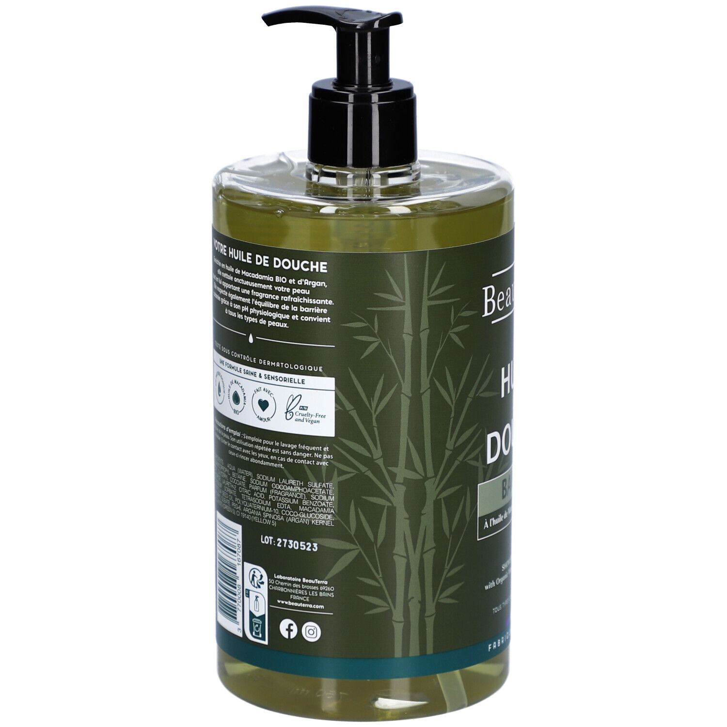 Achterkant van de fles. Franse tekst. Logo's: Vegan, dermatologisch getest, dierproefvrij.