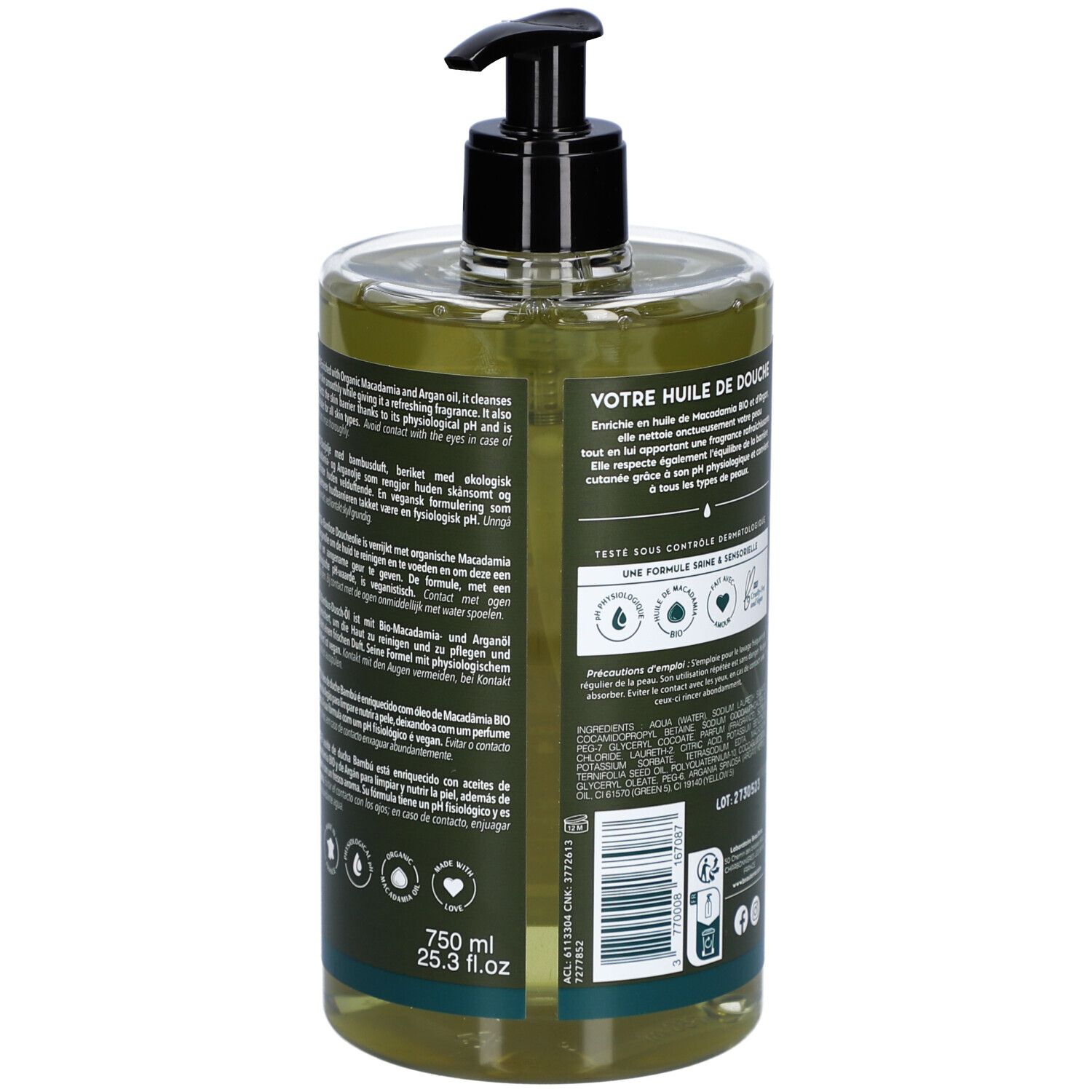 Achterkant van de fles. Franse tekst. Volume: 750 ml. Logo's: Vegan, dermatologisch getest.