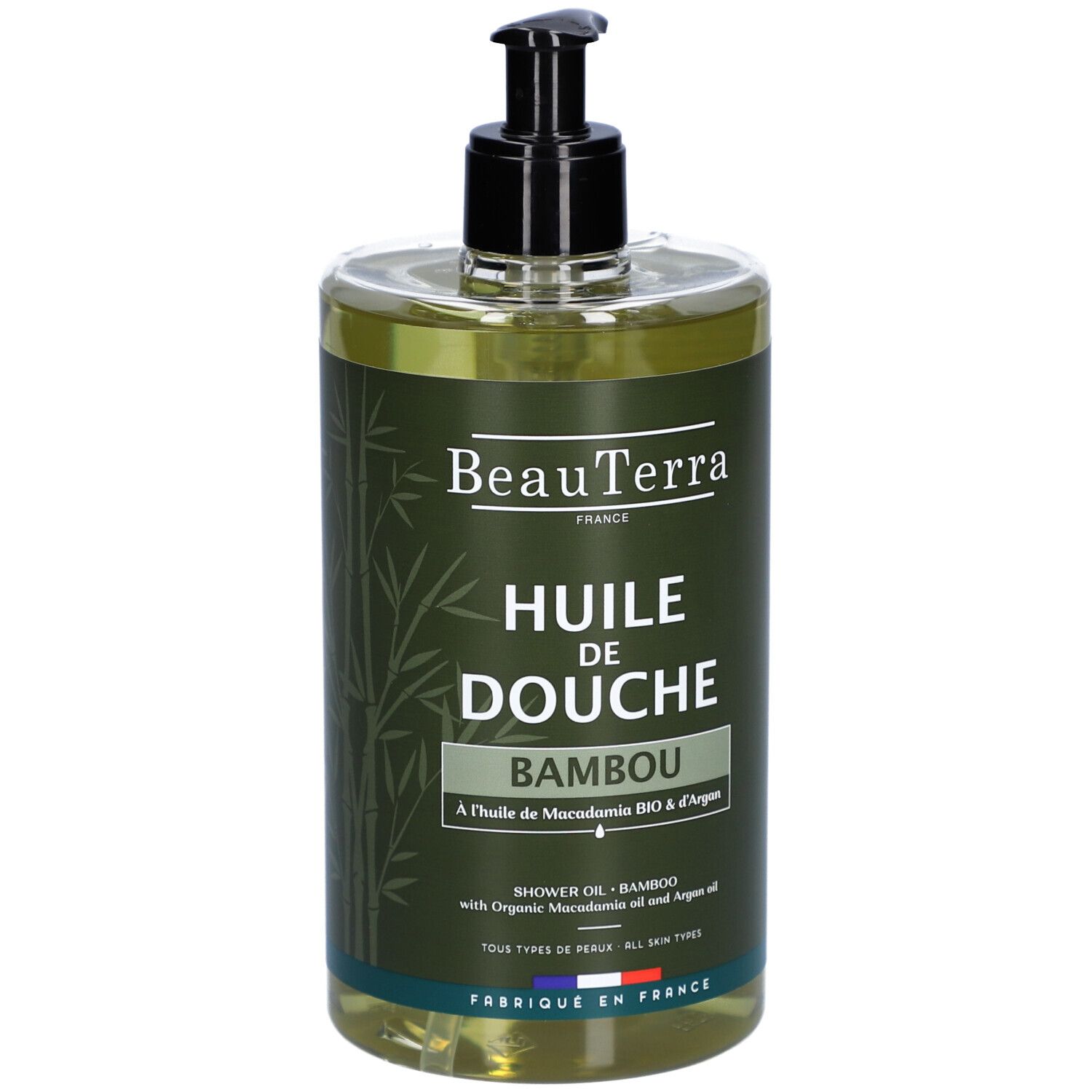 Fles met zwarte pomp. Opschrift: BeauTerra, Huile de Douche Bambou. Franse vlag.