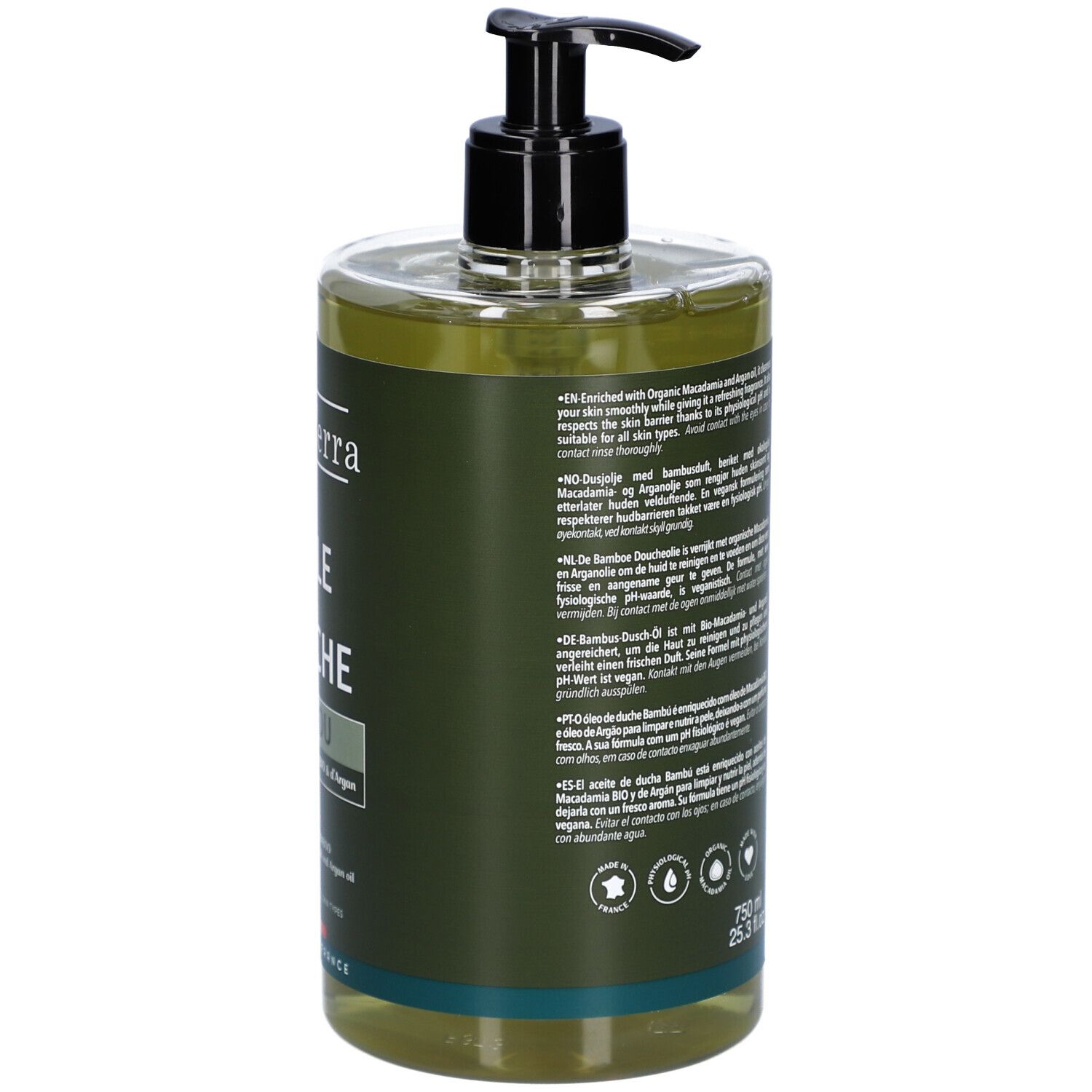 Achterkant fles. Meertalige tekst. Volume: 750 ml. Logo's: Vegan, dermatologisch getest.