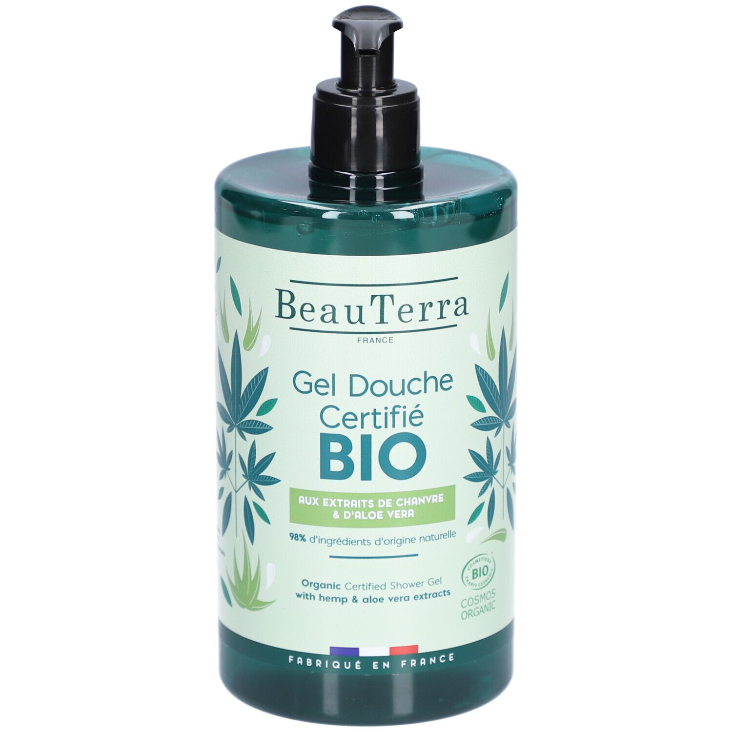 Flacon vert avec pompe noire. Inscription: BeauTerra, Gel Douche Certifié BIO. Extraits de chanvre et aloe vera. Cosmos Organic.