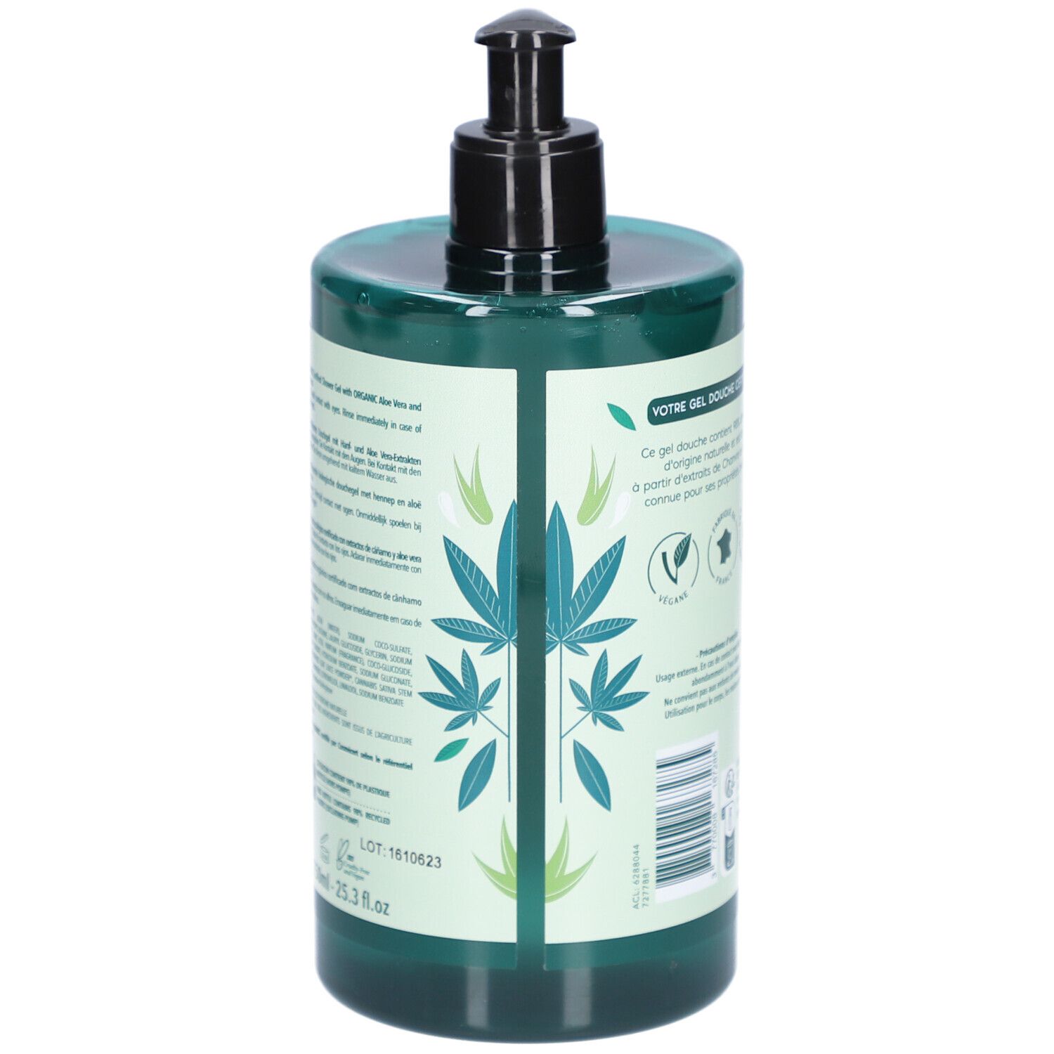 Dos du flacon vert avec pompe noire. Texte: Gel Douche Certifié BIO. Logo vegan. Numéro de lot. 25.3 fl.oz.