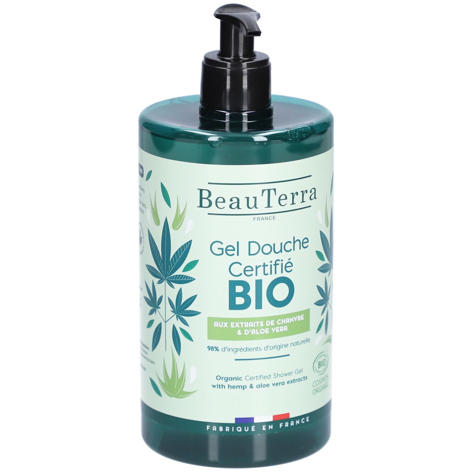 Flacon vert avec pompe noire. Inscription: BeauTerra, Gel Douche Certifié BIO. Extraits de chanvre et aloe vera. Cosmos Organic.