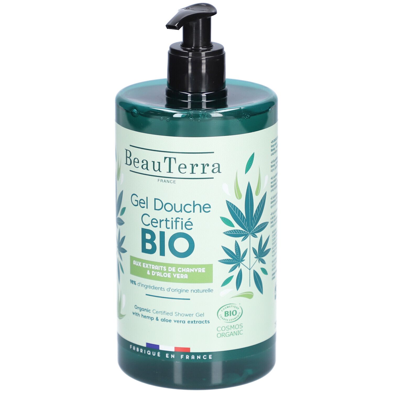 Flacon vert avec pompe noire. Inscription: BeauTerra, Gel Douche Certifié BIO. Extraits de chanvre et aloe vera. Cosmos Organic.