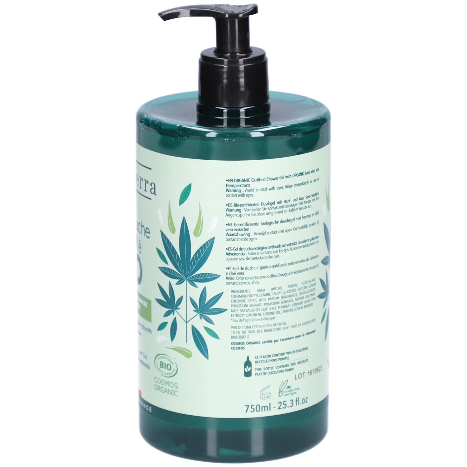 Dos du flacon vert avec pompe noire. Texte: Gel Douche Certifié BIO. Logo vegan. 750ml - 25.3 fl.oz. Avertissements.