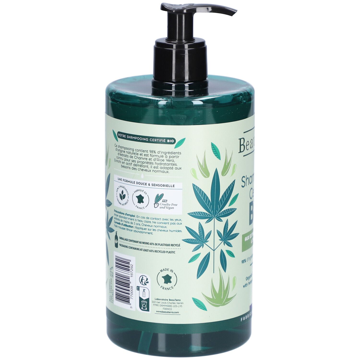 Dos du flacon de shampooing vert avec pompe noire. Texte: ingrédients, certification bio, chanvre & aloe vera. Fabriqué en France.