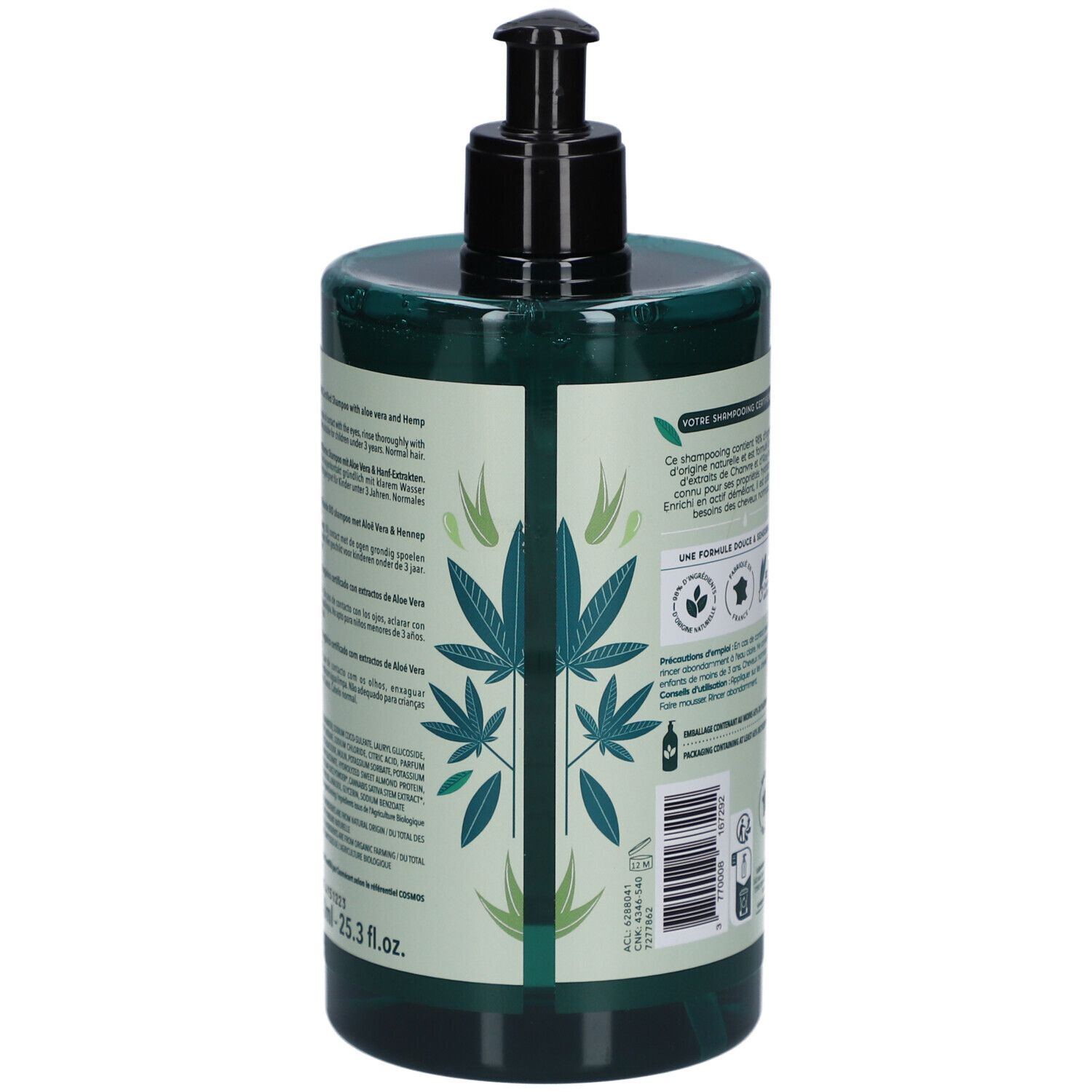 Dos du flacon de shampooing vert avec pompe noire. Texte: ingrédients, certification bio, chanvre & aloe vera. Fabriqué en France.