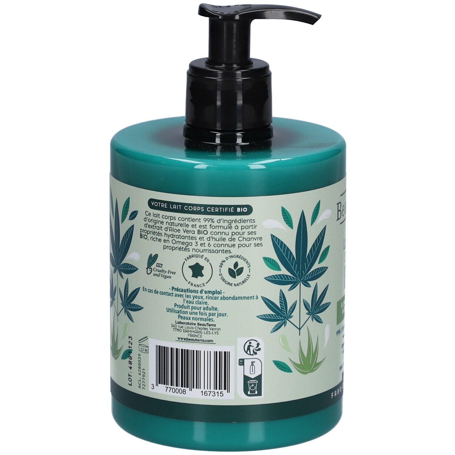 Flacon vert avec pompe. Dos avec texte et logos. Contient 99% d'ingrédients d'origine naturelle. Certification bio.