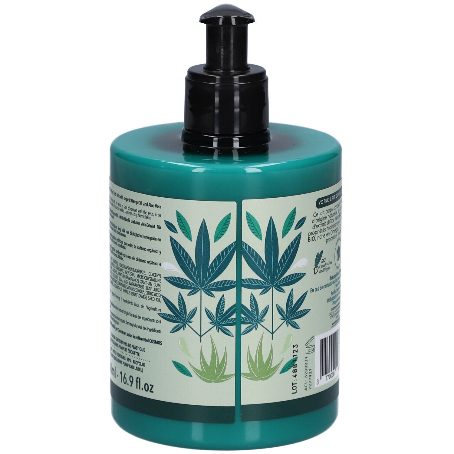 Flacon vert avec pompe. Dos avec texte et logos. Contient 99% d'ingrédients d'origine naturelle. Certification bio.