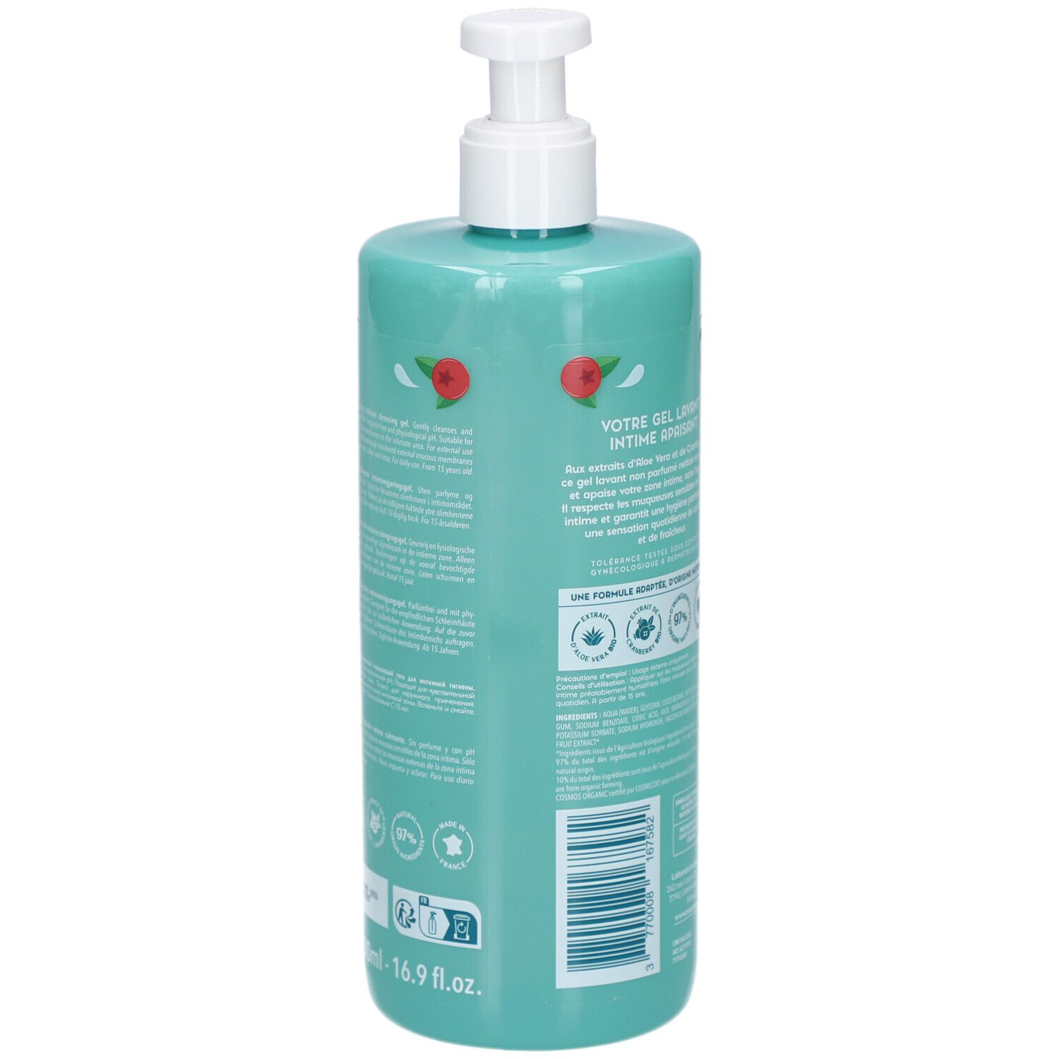 Dos d'un flacon turquoise avec pompe. Texte: Gel Lavant Intime, Apaisant. 16.9 fl.oz. Certifications et logos.