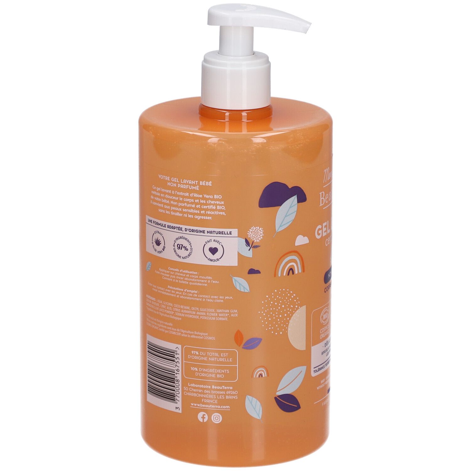 Dos d'un flacon orange avec pompe blanche. Texte et logos. Label bio. Code-barres. Contenu: 750ml.