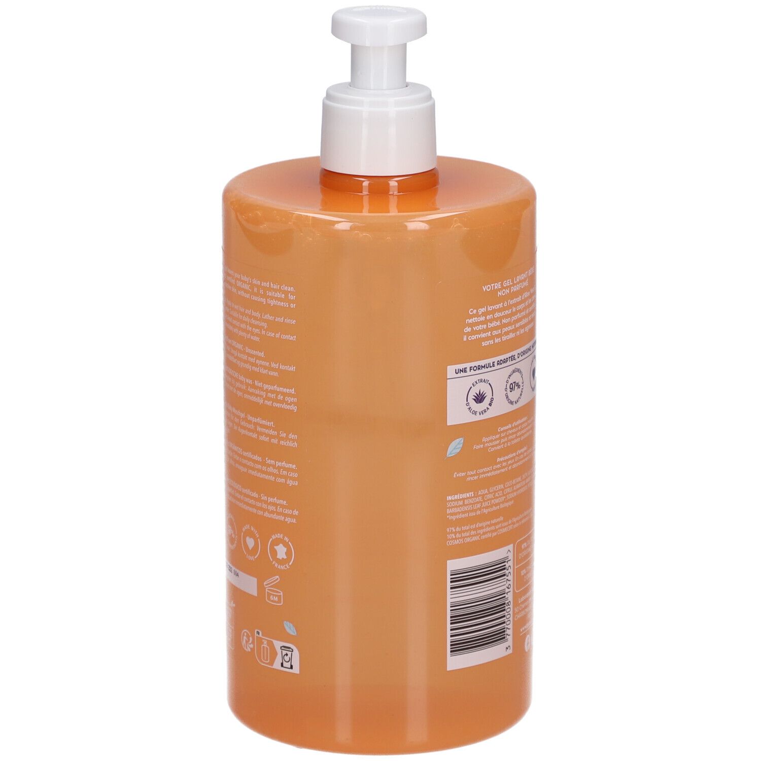 Vue arrière d'un flacon orange avec pompe blanche. Texte et logos. Label bio. Code-barres. Contenu: 750ml.