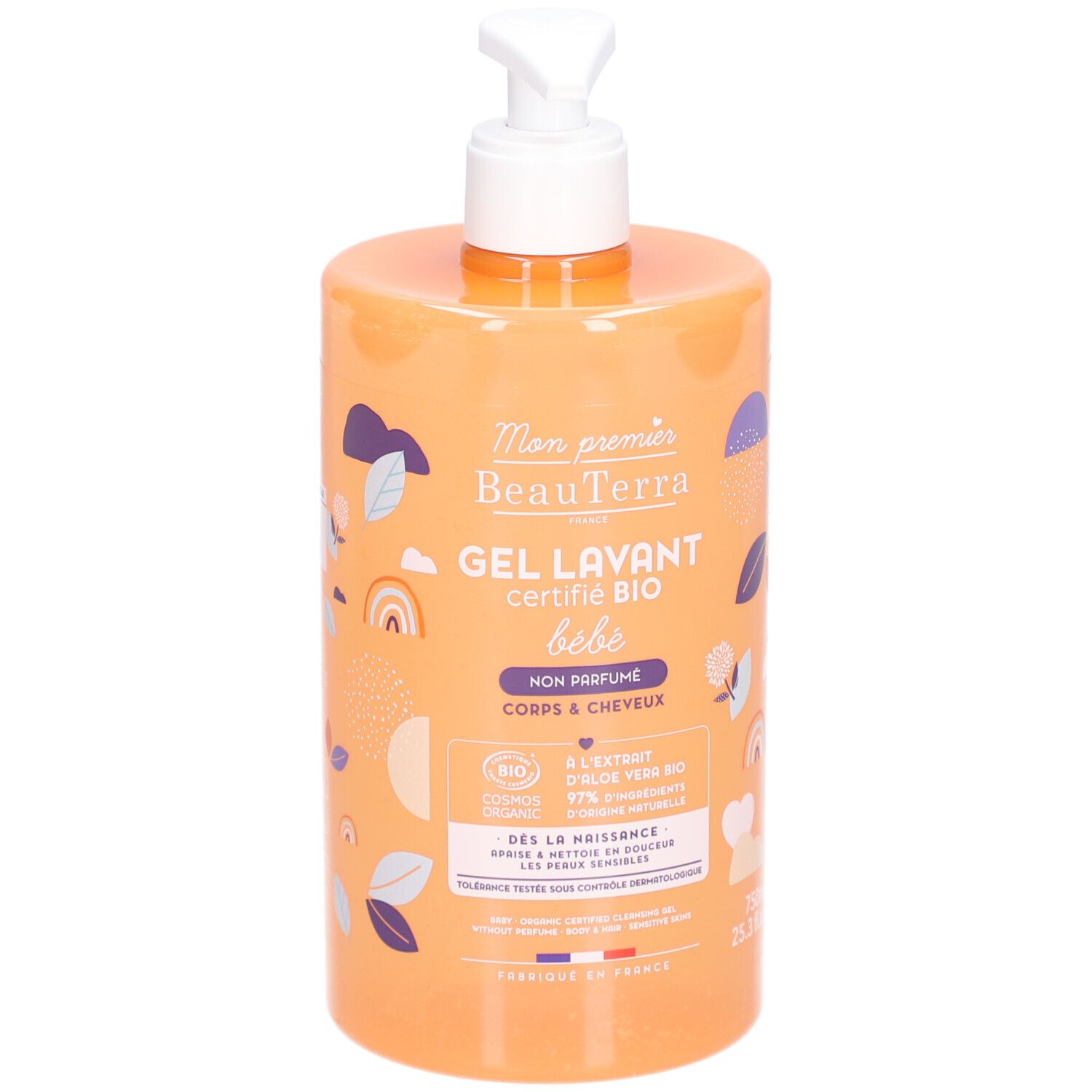 Flacon orange avec pompe blanche. Inscription: Mon premier BeauTerra, Gel Lavant, certifié BIO, bébé, non parfumé. Label bio.