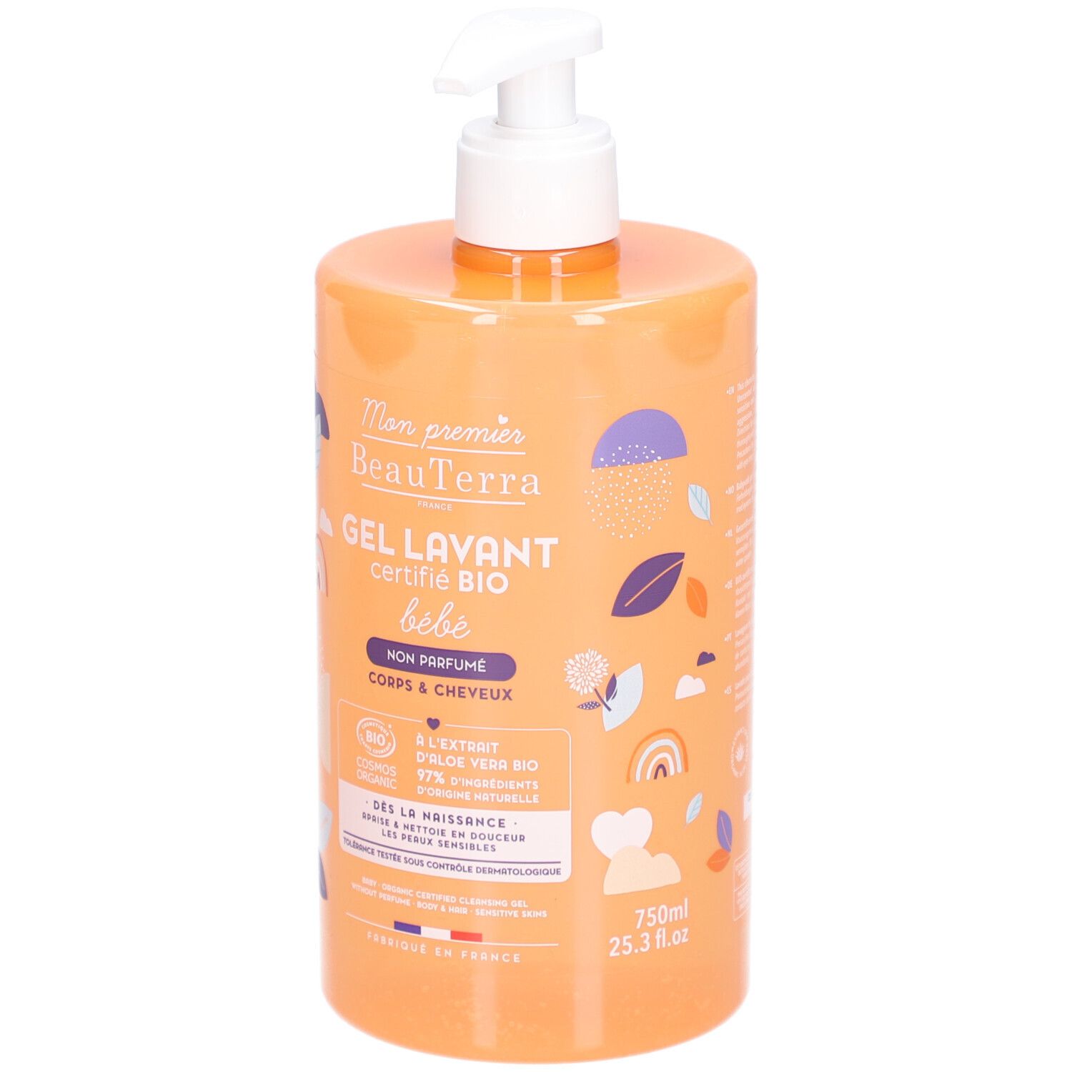 Flacon orange avec pompe blanche. Inscription: Mon premier BeauTerra, Gel Lavant, certifié BIO, bébé, non parfumé. Label bio. 750ml.