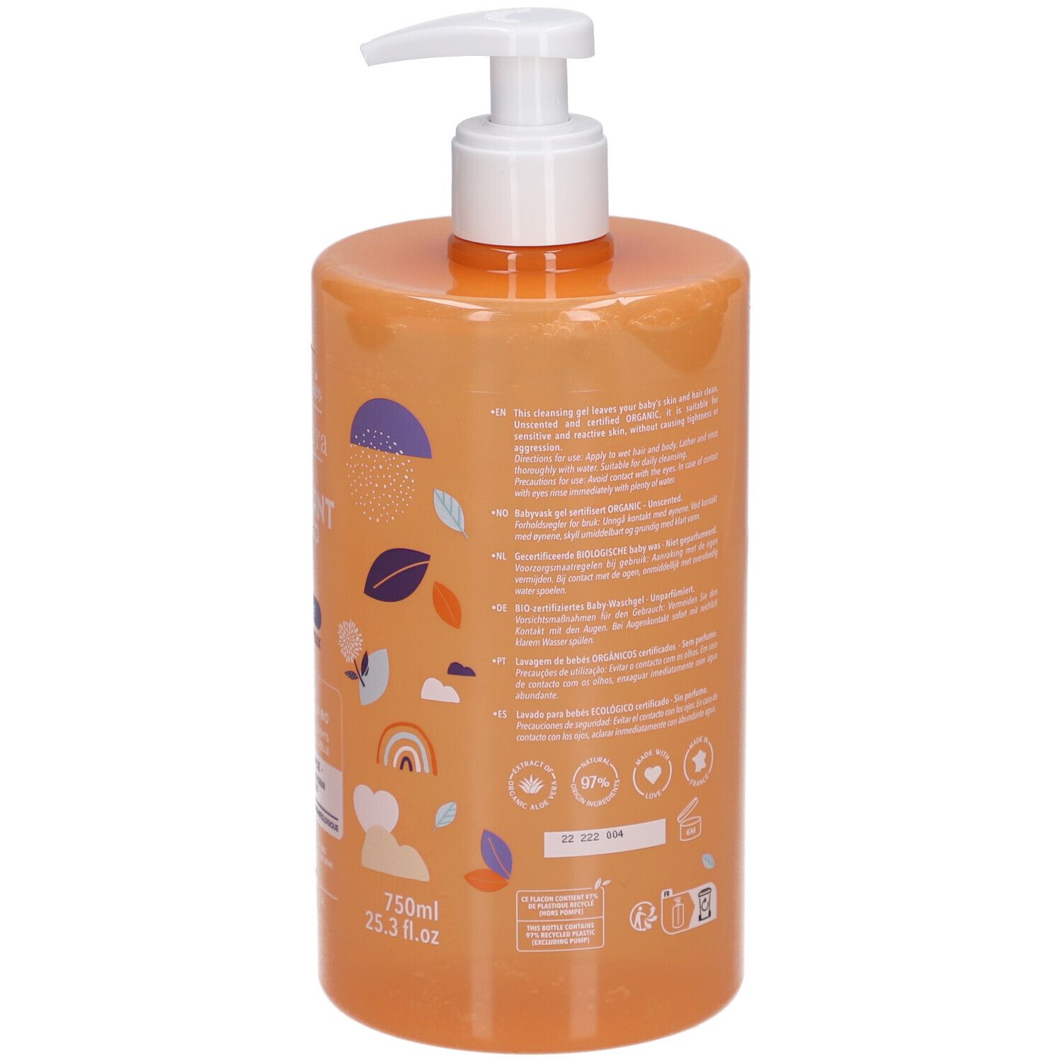 Dos d'un flacon orange avec pompe blanche. Texte et logos. Label bio. Code-barres. Contenu: 750ml.