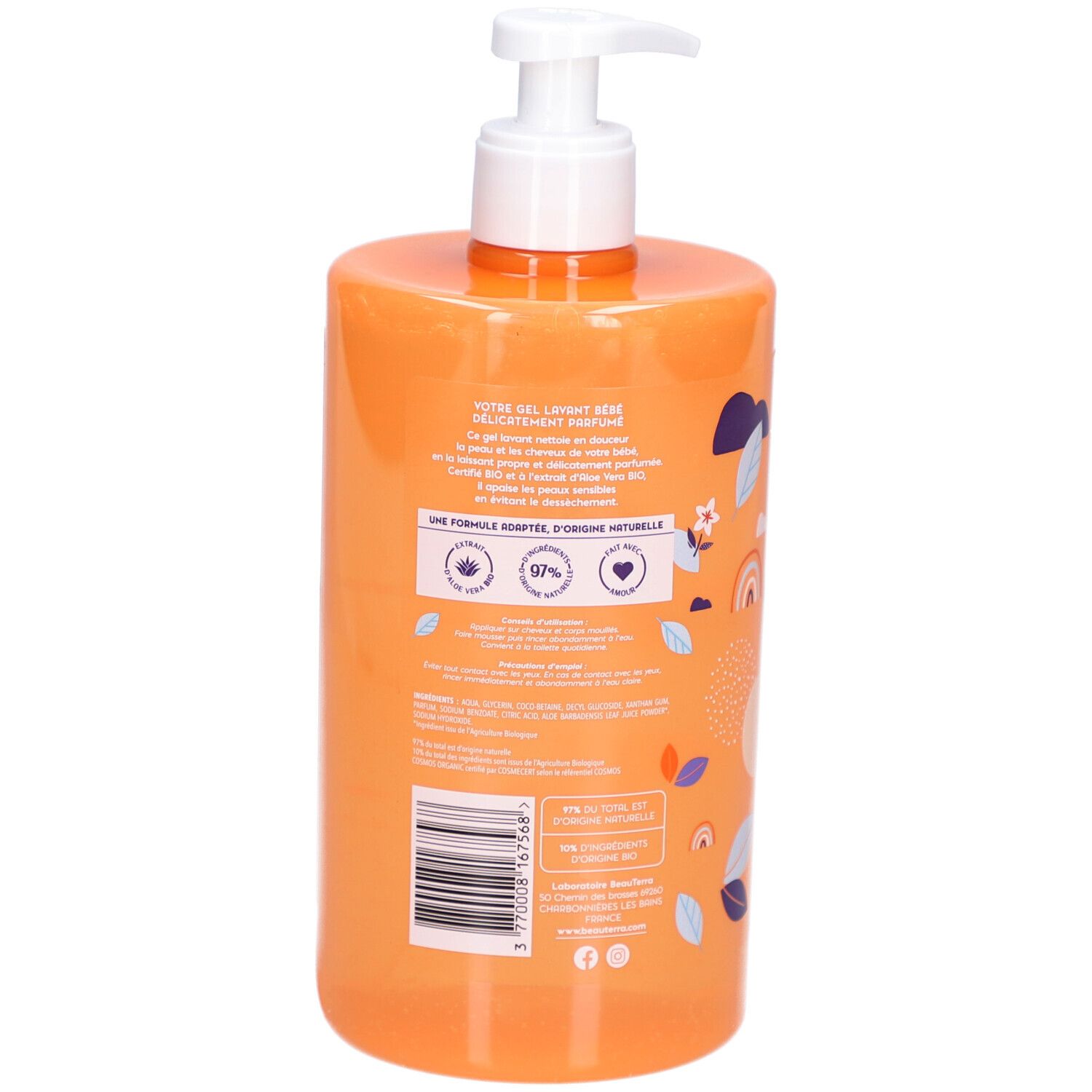 Dos d'un flacon orange avec pompe blanche. Texte et logos. Informations produit et certifications.