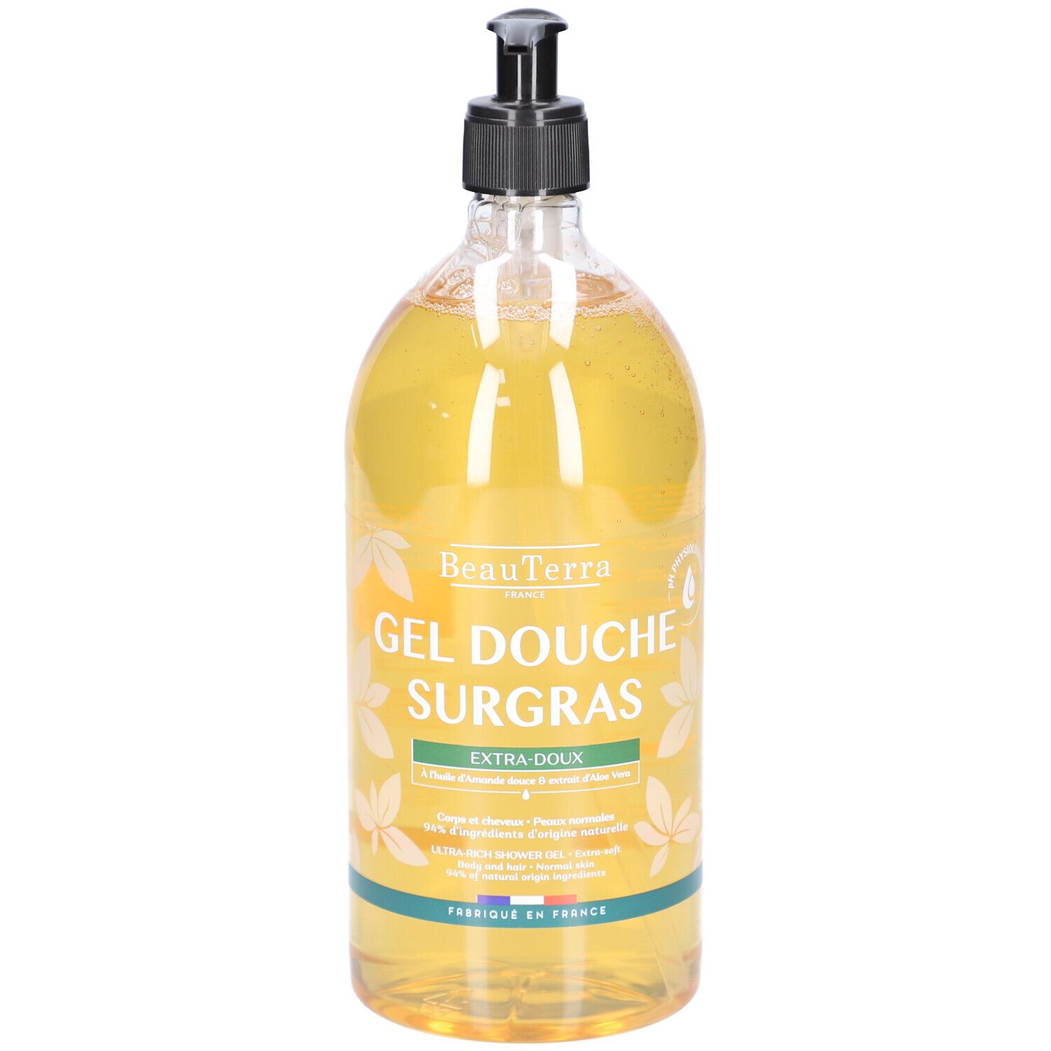 Transparante fles met zwarte pomp. Opschrift: BeauTerra Gel Douche Surgras. Extra-Doux. Gemaakt in Frankrijk.