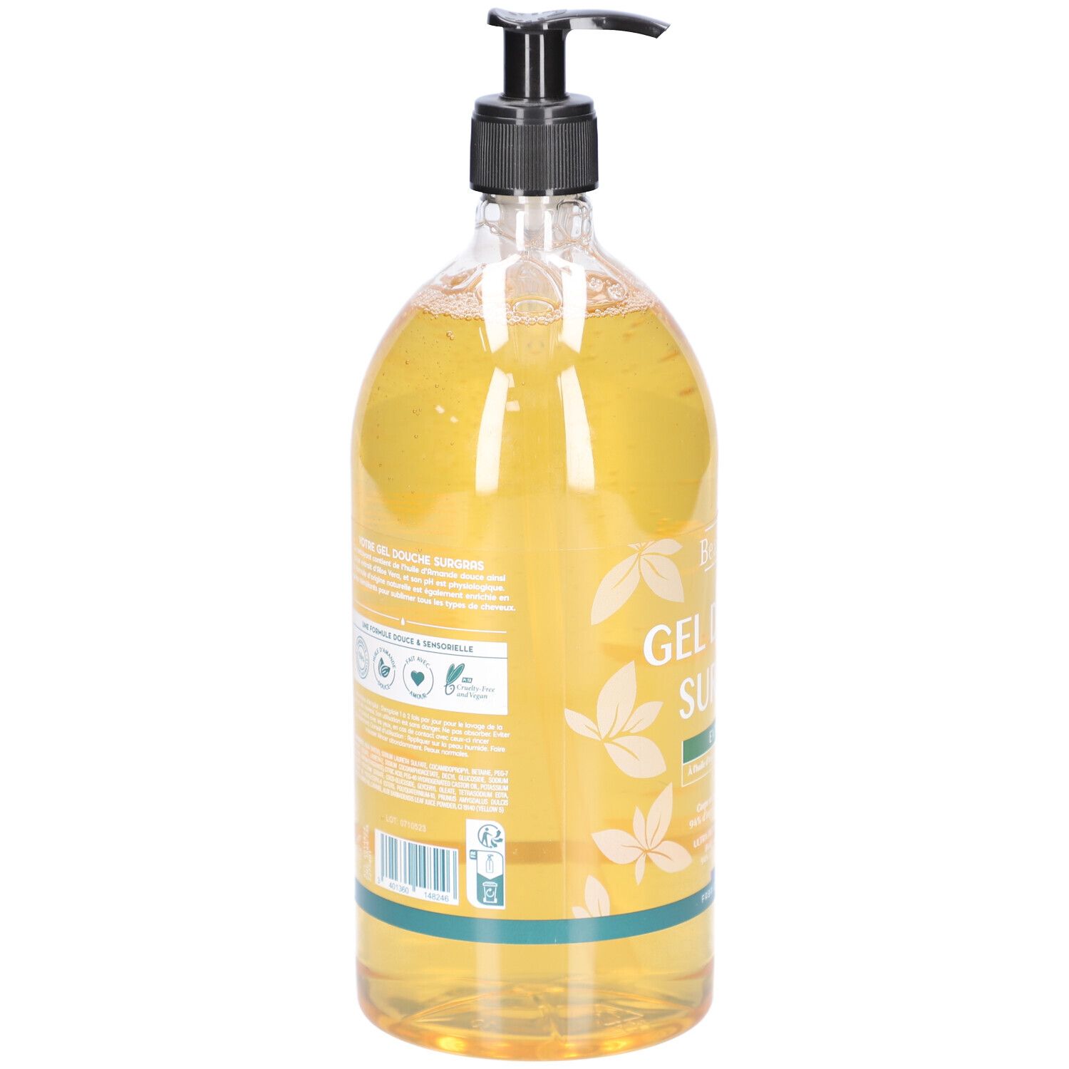 Transparante fles met zwarte pomp. Achterkant met tekst en logo's. Gemaakt in Frankrijk.