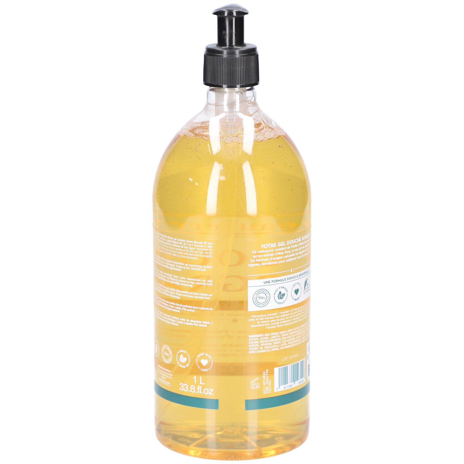 Transparante fles met zwarte pomp. Achterkant met tekst en logo's. Gemaakt in Frankrijk.