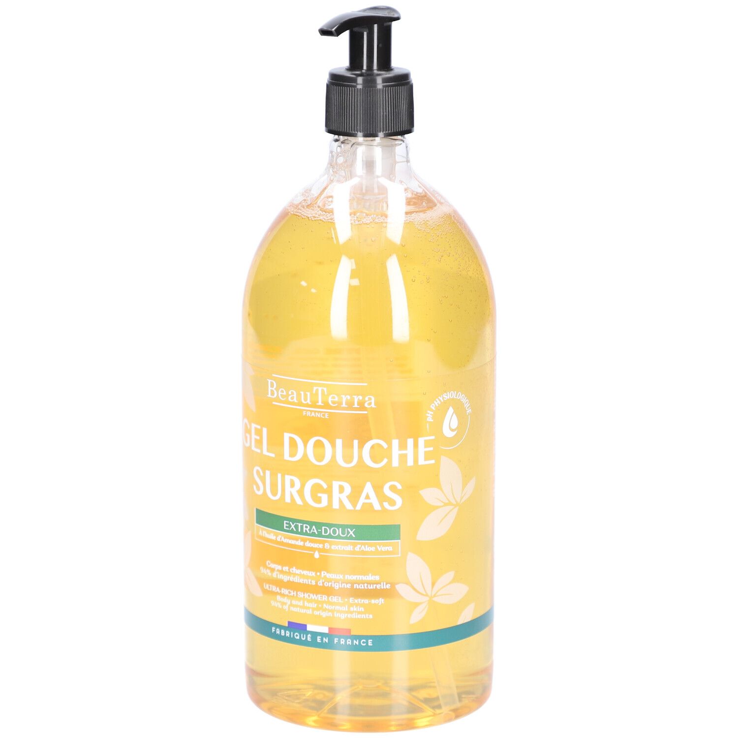 Transparante fles met zwarte pomp. Opschrift: BeauTerra Gel Douche Surgras. Extra-Doux. Gemaakt in Frankrijk.