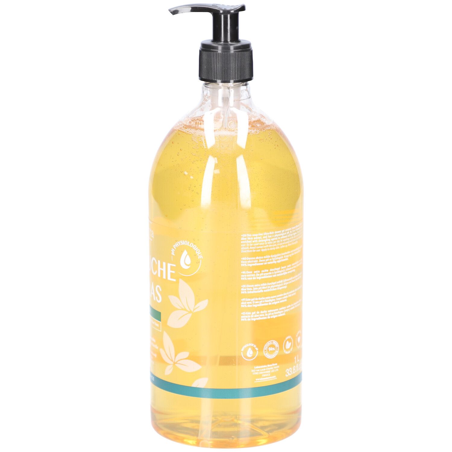 Transparante fles met zwarte pomp. Achterkant met tekst en logo's. Gemaakt in Frankrijk.