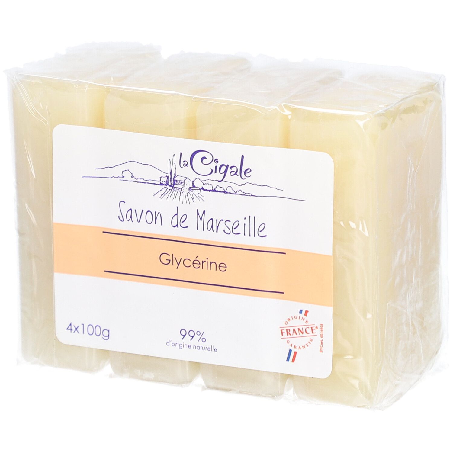 Emballage de quatre blocs de savon. Étiquette "La Cigale", "Savon de Marseille", Glycérine et "99% d'origine naturelle".