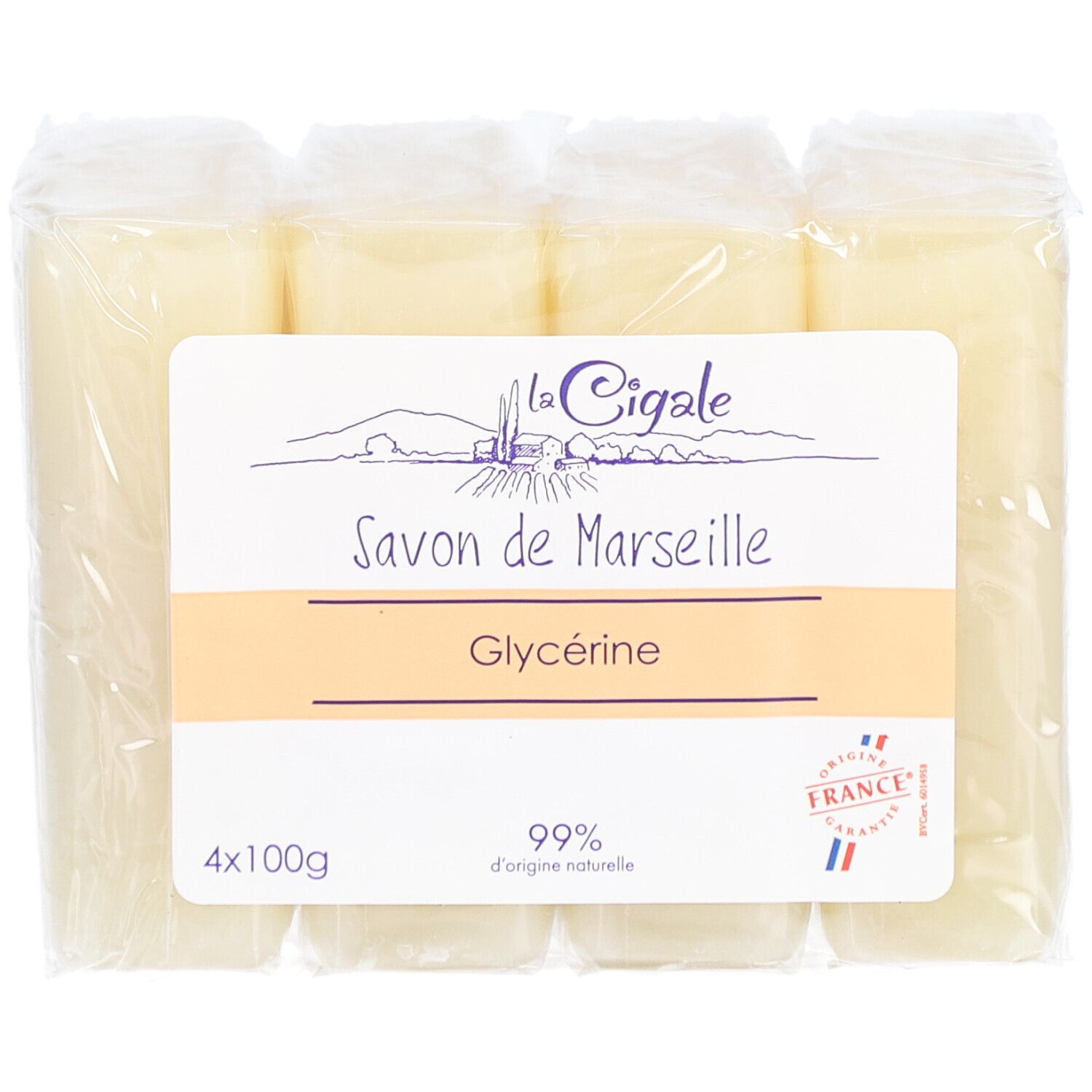 Emballage de quatre blocs de savon. Étiquette "La Cigale", "Savon de Marseille", Glycérine et "99% d'origine naturelle".