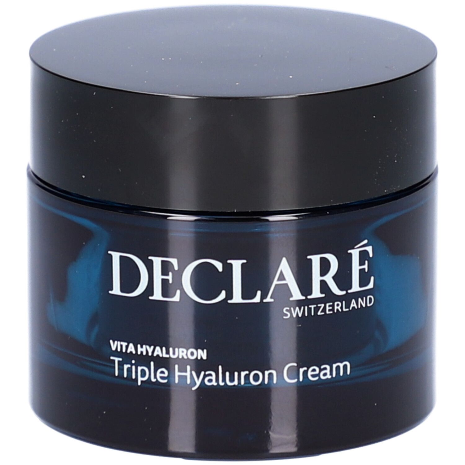 Crèmepot met zwart deksel. Opschrift: DECLARÉ, Vita Hyaluron Triple Hyaluron Cream.