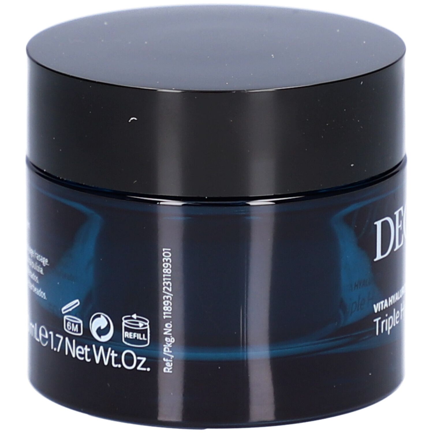 Crèmepot met zwart deksel. Opschrift: DECLARÉ, Vita Hyaluron Triple Hyaluron Cream. Tekst op achterkant.