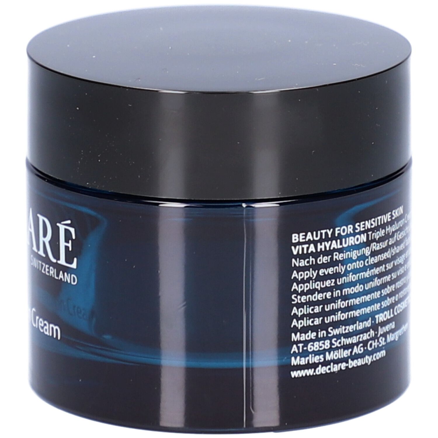 Crèmepot met zwart deksel. Opschrift: DECLARÉ, Vita Hyaluron Triple Hyaluron Cream. Tekst op achterkant.
