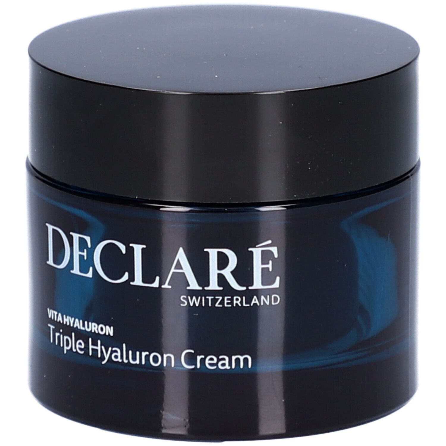 Crèmepot met zwart deksel. Opschrift: DECLARÉ, Vita Hyaluron Triple Hyaluron Cream.