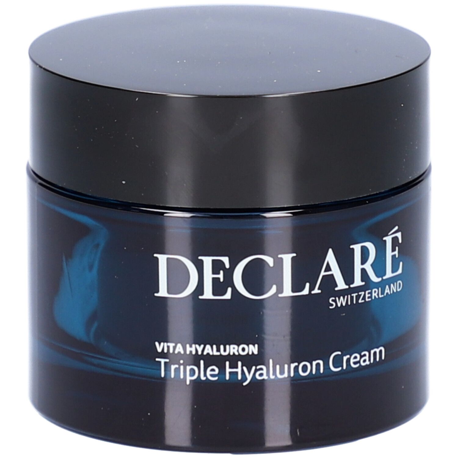 Crèmepot met zwart deksel. Opschrift: DECLARÉ, Vita Hyaluron Triple Hyaluron Cream.