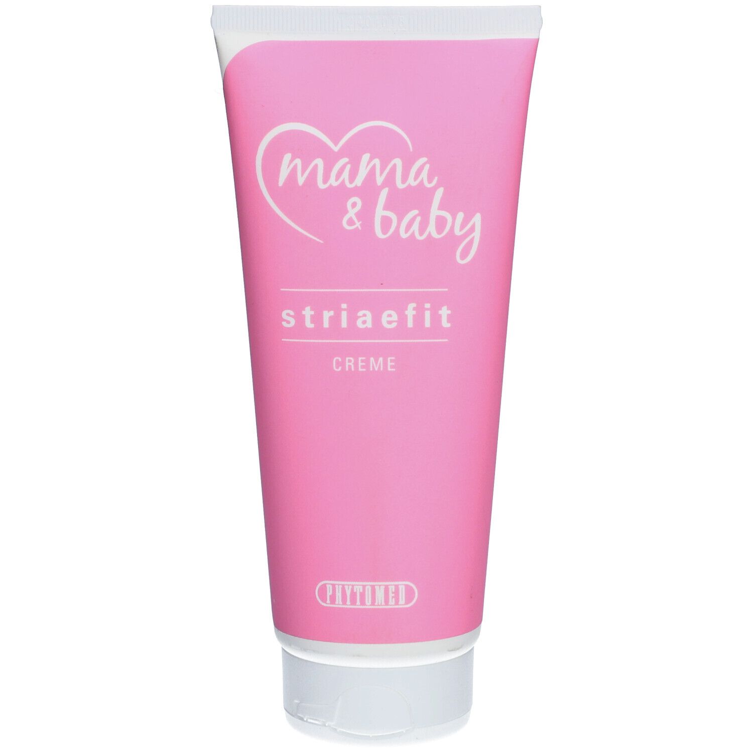 Roze tube met witte dop. Opschrift: Mama & Baby, Striaefit Creme. Hart-logo.