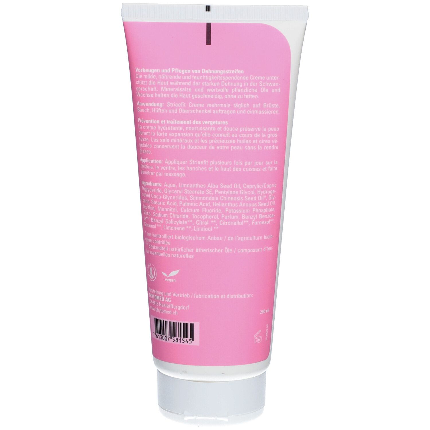 Achterkant van de roze tube. Tekst in het Duits. Ingrediënten en fabrikantgegevens.