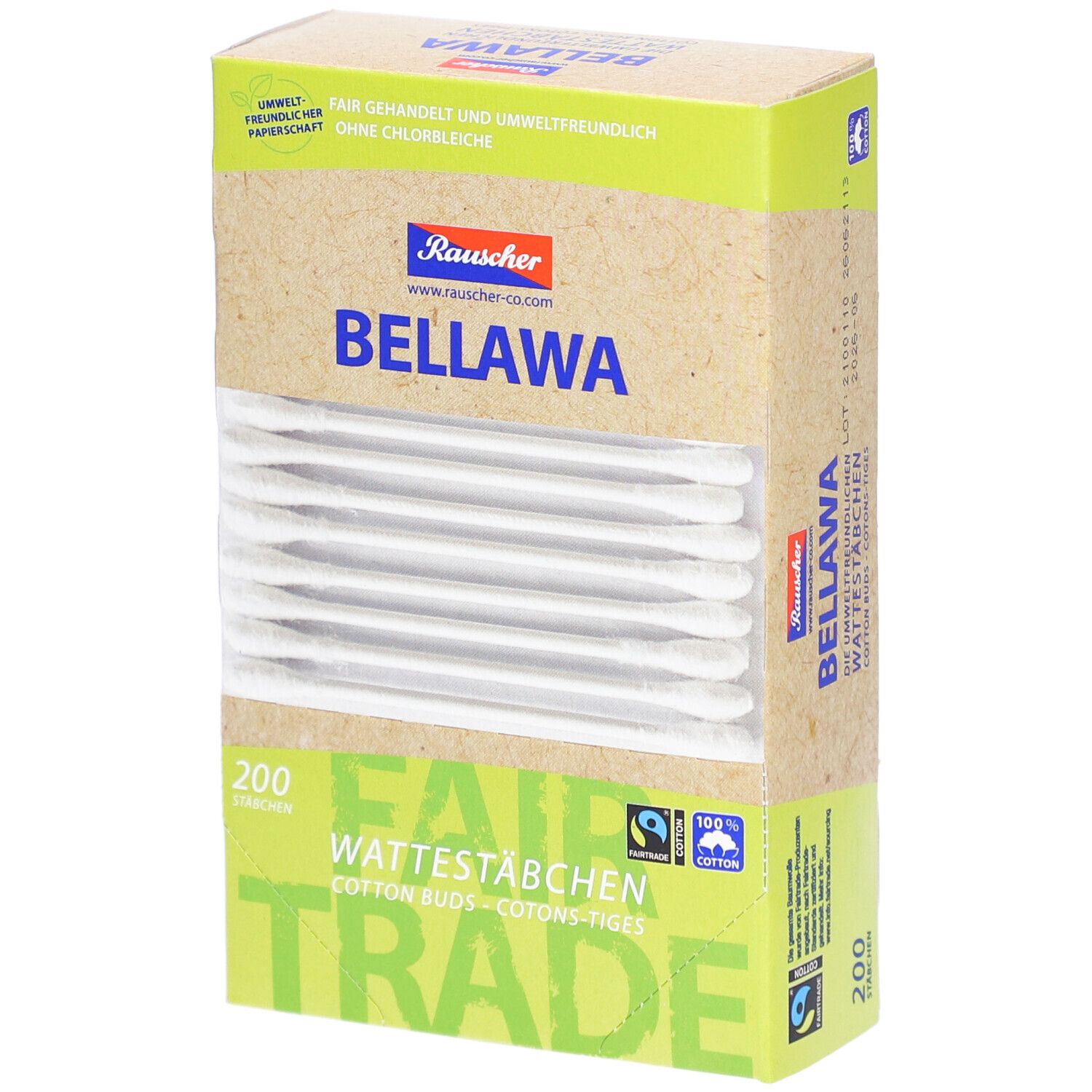 Verpakking BELLAWA wattenstaafjes, 200 stuks. Fair Trade logo en 100% katoen. Kartonnen doos.