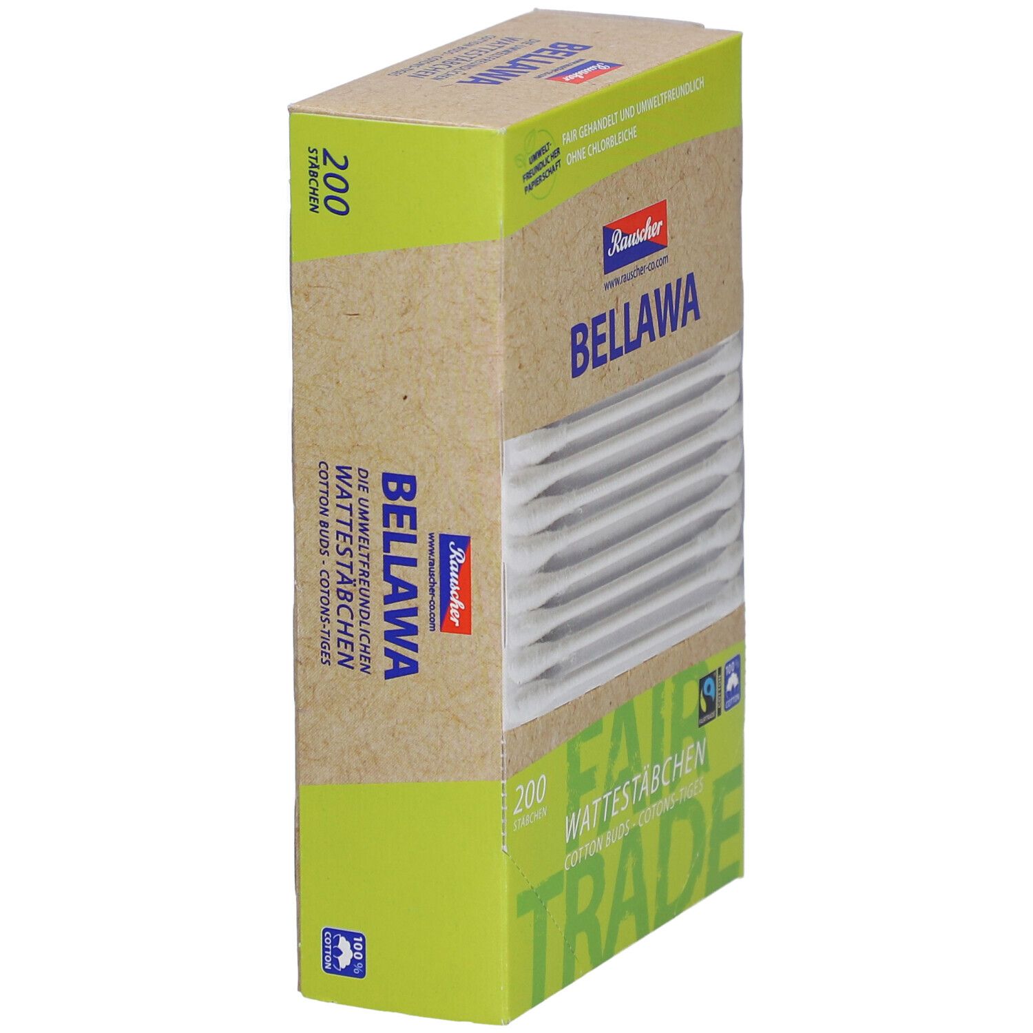 Verpakking BELLAWA wattenstaafjes, 200 stuks. Fair Trade logo en 100% katoen. Schuin zicht.
