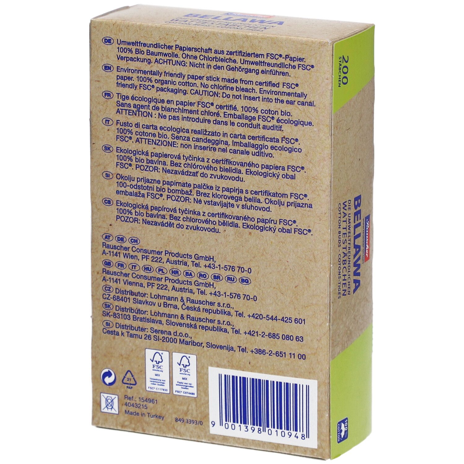 Achterkant van de wattenstaafjes verpakking. Meertalige tekst. FSC en Fair Trade logo's.