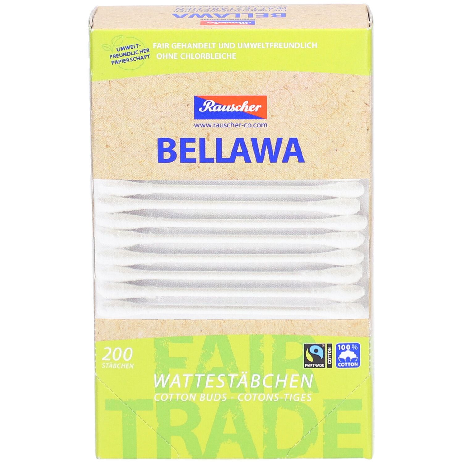 Verpakking BELLAWA wattenstaafjes, 200 stuks. Fair Trade logo en 100% katoen. Vooraanzicht.