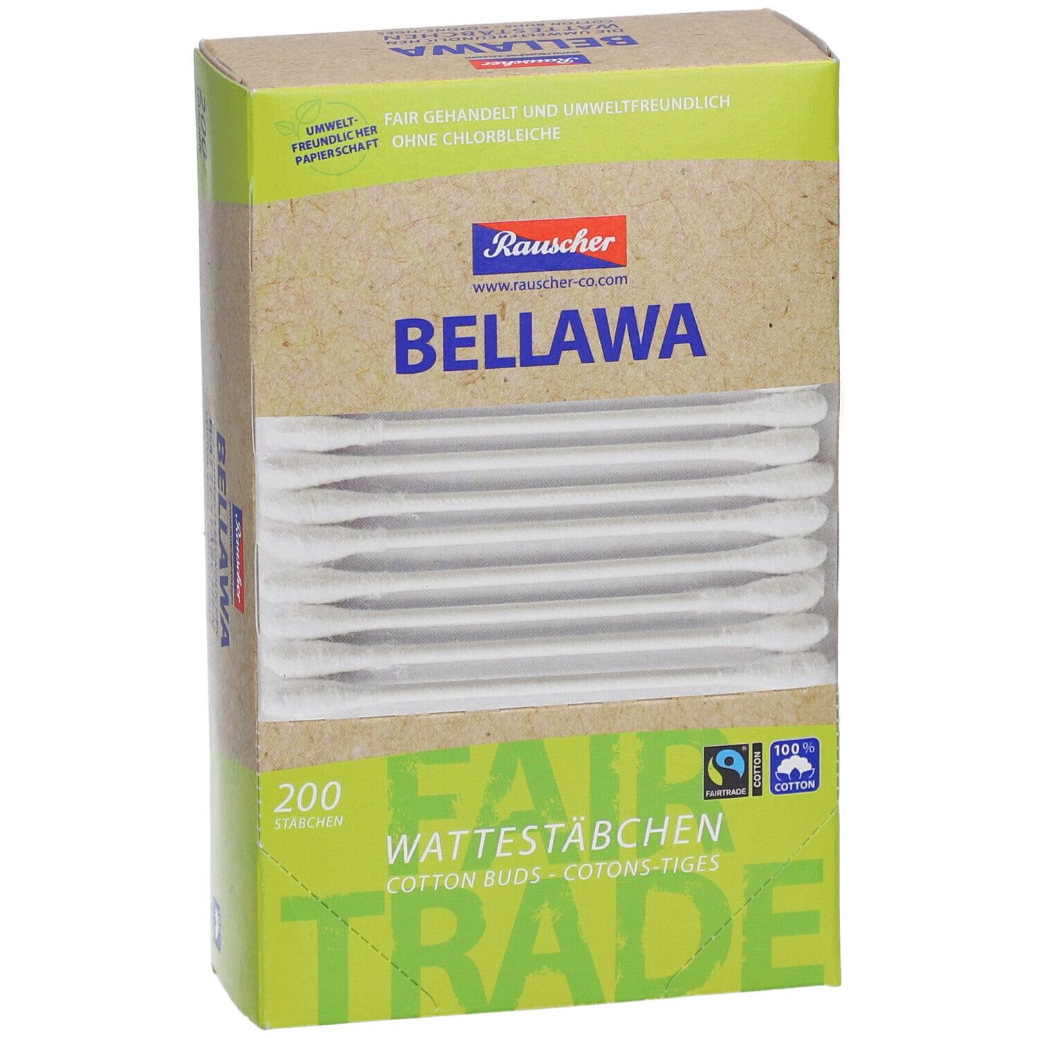 Verpakking BELLAWA wattenstaafjes, 200 stuks. Fair Trade logo en 100% katoen. Schuin zicht.