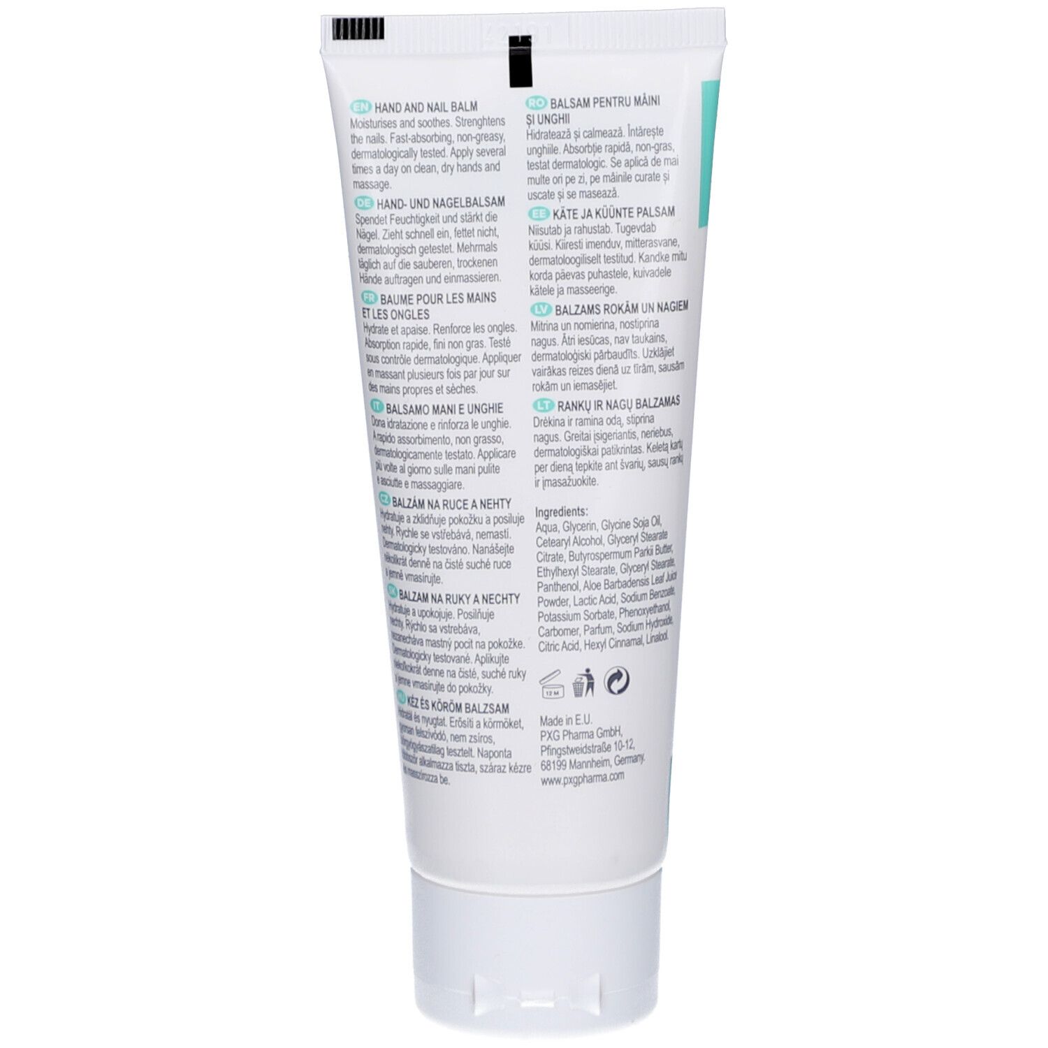 Achterkant van de tube. Tekst in meerdere talen. Ingrediënten en fabrikantinfo.