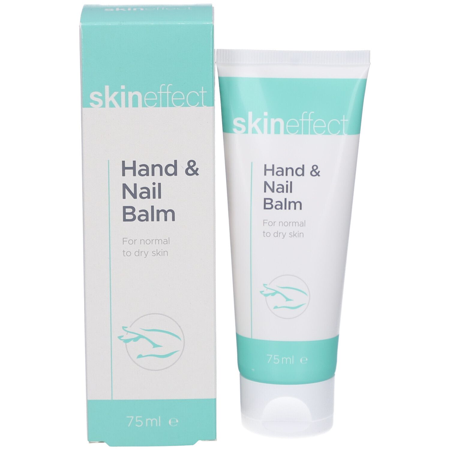 Productverpakking. Tube en doos. Opschrift: skin effect, Hand & Nail Balm. 75ml.